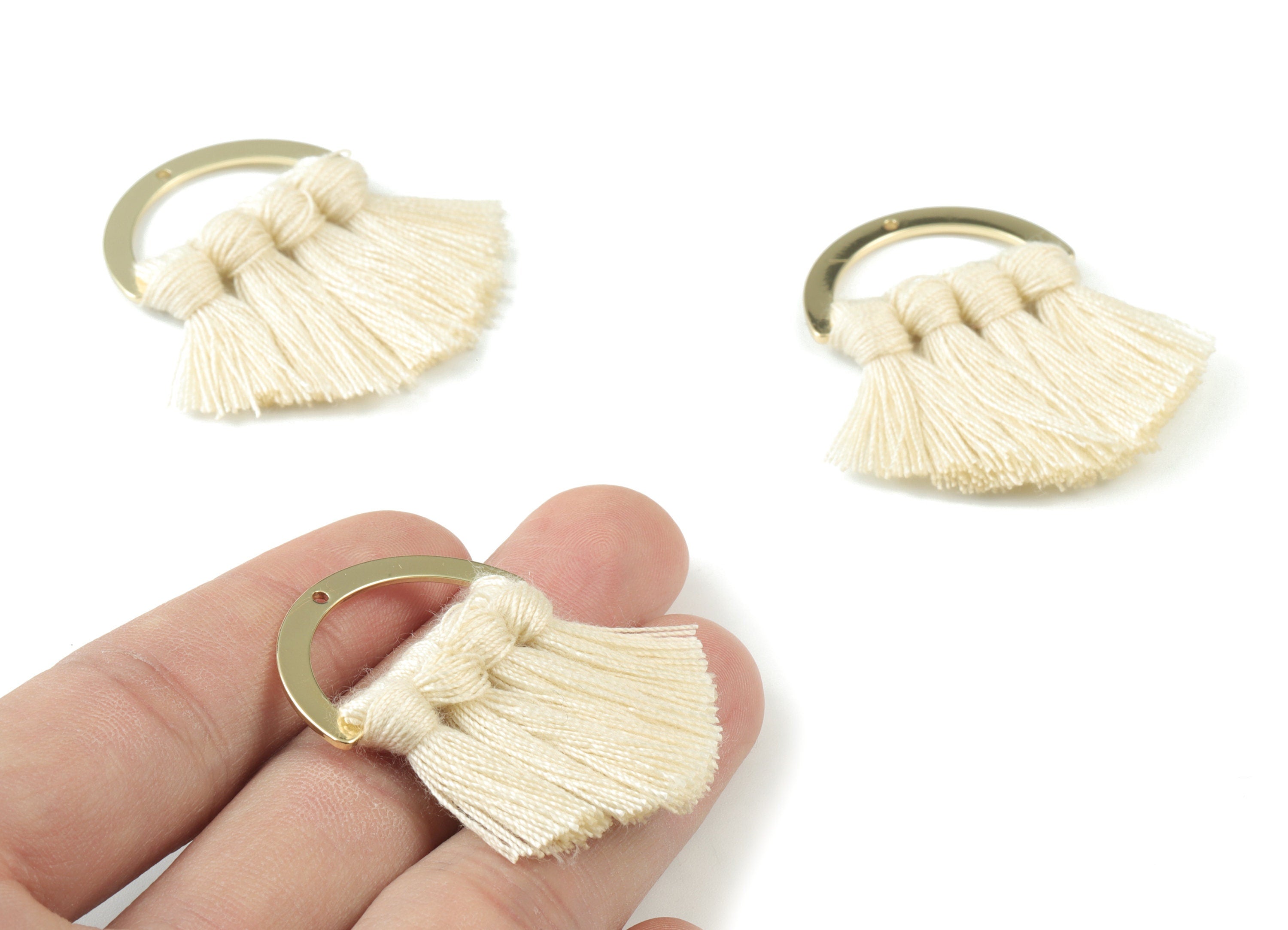 Gold Tone Plated Semi circle Brass - Half Moon Tassel Earring Charms - Cotton Cream Tassels - Fringe Tassel - 44.49x30.34x4.42mm - TSM3070C - DOMEDBAZAAR