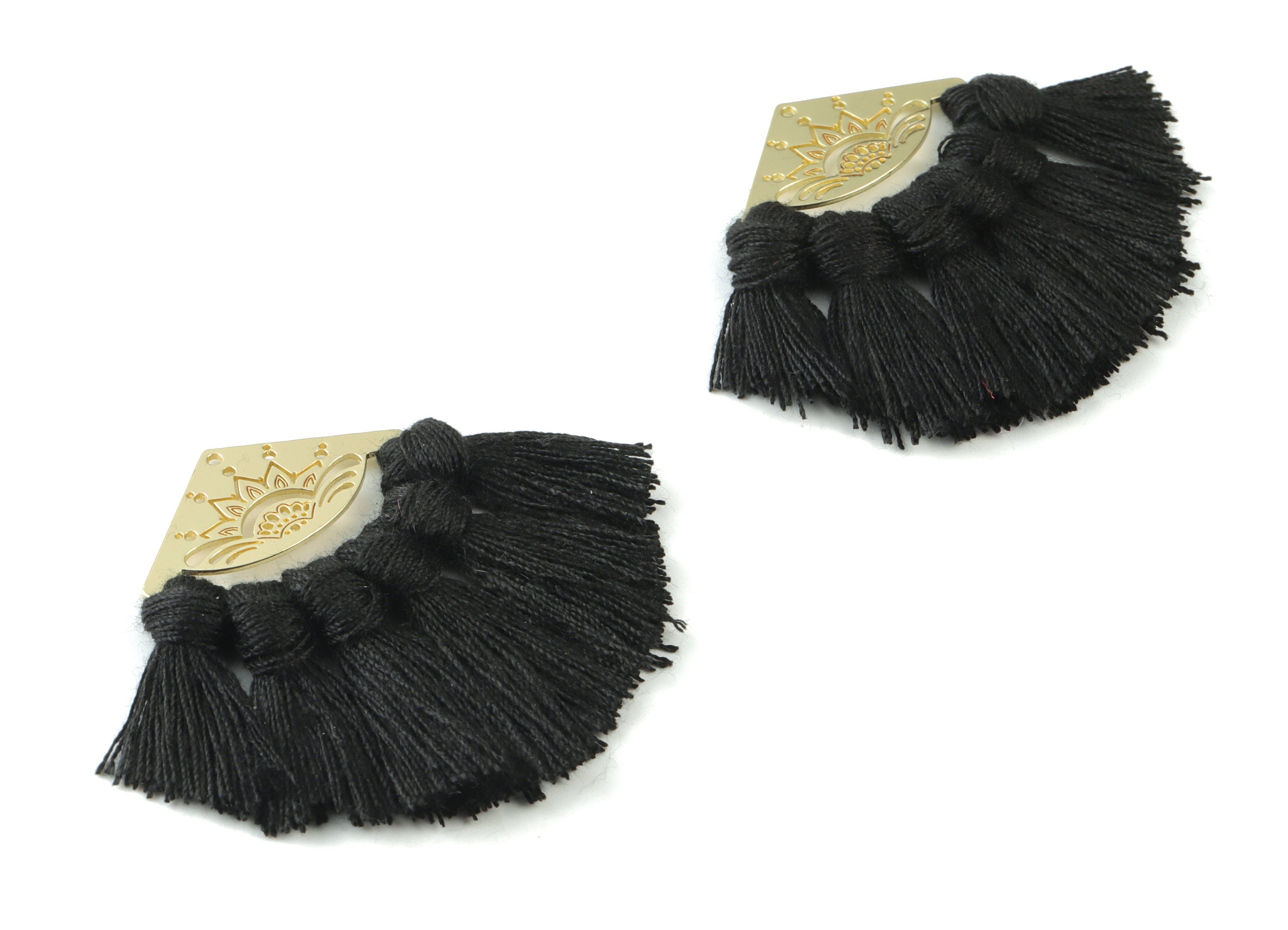 Gold Tone Plated Semi circle Brass - Half Moon Tassel Earring Charms - Cotton Flower Black Tassels - 54.12x35.16x2.91mm - TSM3021B - DOMEDBAZAAR