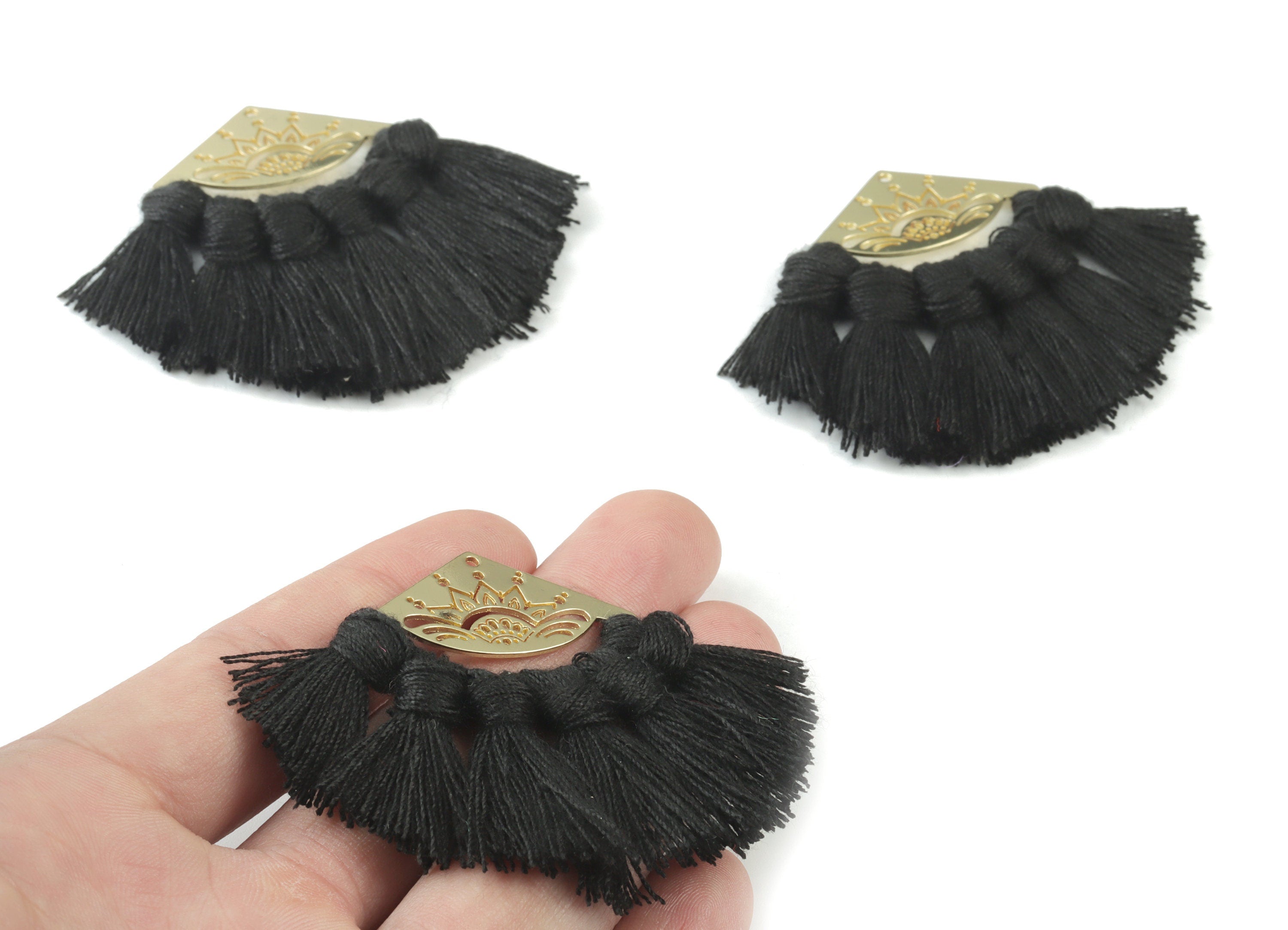 Gold Tone Plated Semi circle Brass - Half Moon Tassel Earring Charms - Cotton Flower Black Tassels - 54.12x35.16x2.91mm - TSM3021B - DOMEDBAZAAR