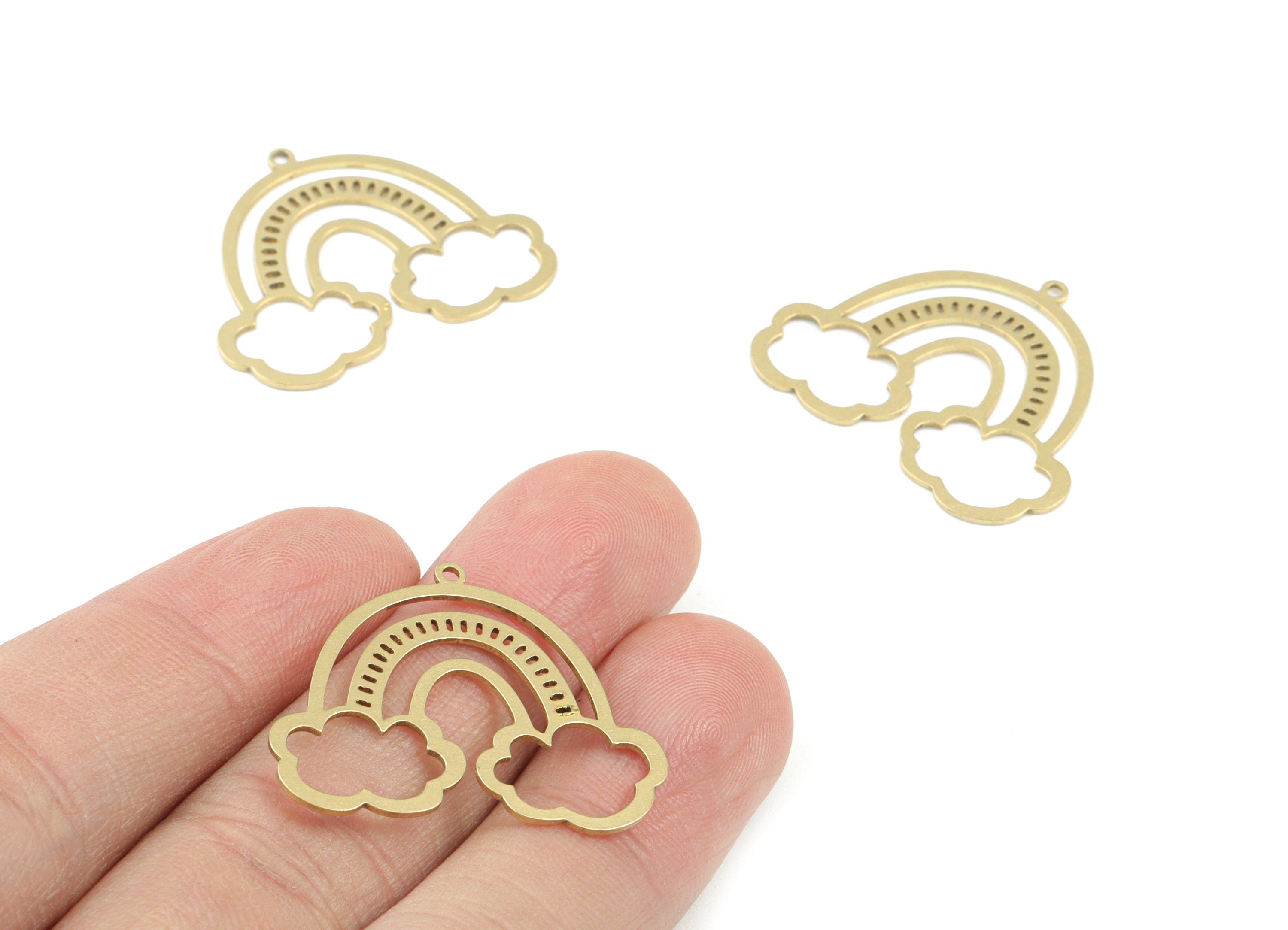 Rainbow Clouds Pendant - Raw Brass Cloud Rainbow Earring Charms - Jewelry Making Supplies - 30x25x0.7mm - PPM3590 - DOMEDBAZAAR