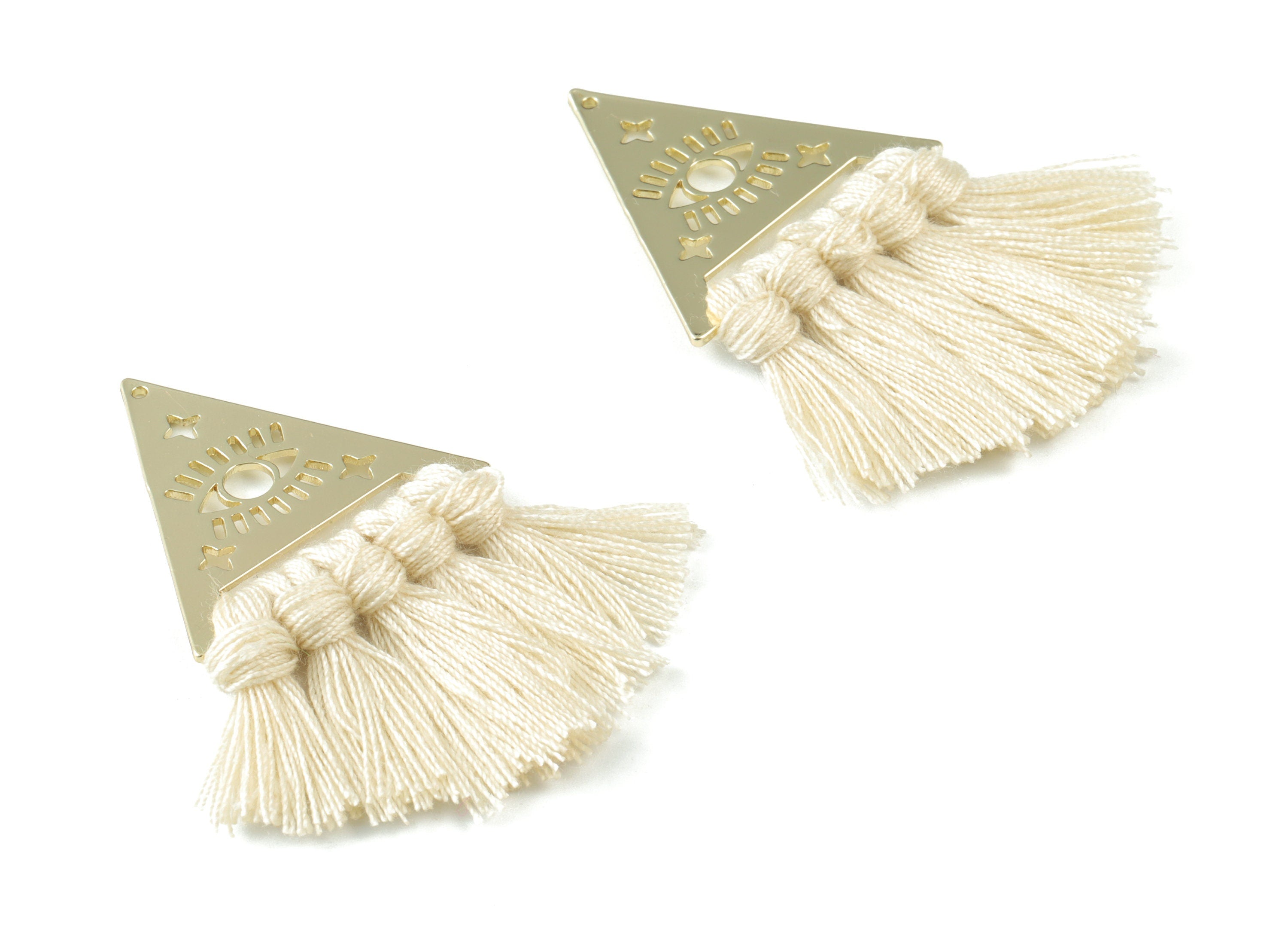 Gold Tone Plated Triangle Brass Cotton - Triangle Eye Tassel Earring Charms - Cream Tassels - Fringe Tassel - 56.74x31.74x3.04mm - TSM3063C - DOMEDBAZAAR