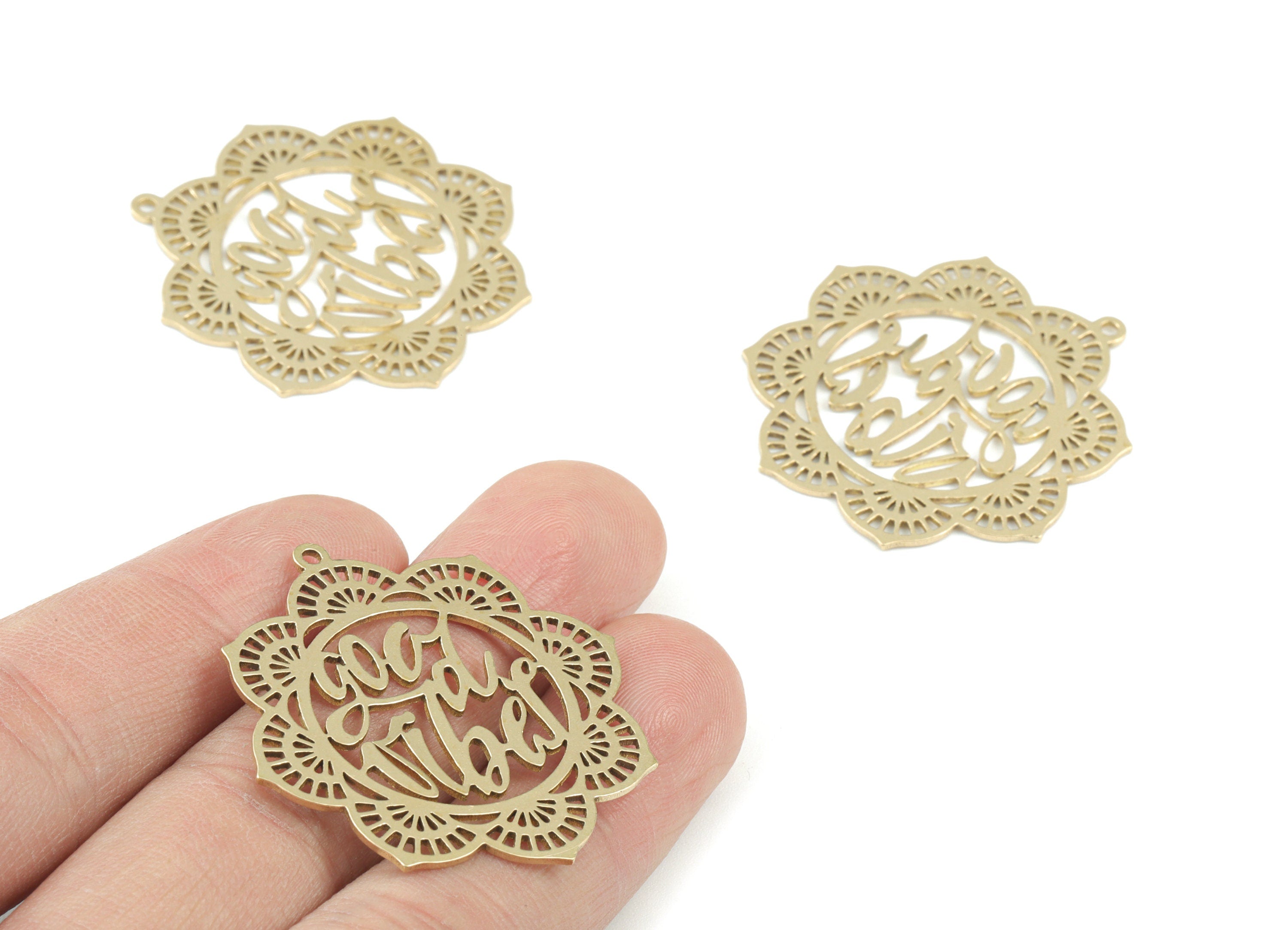 Good Vibes Pendant - Raw Brass Flower Earring Charms - Good Vibes Charms - Jewelry Making Supplies - 38x33x1mm - PPM3066 - DOMEDBAZAAR