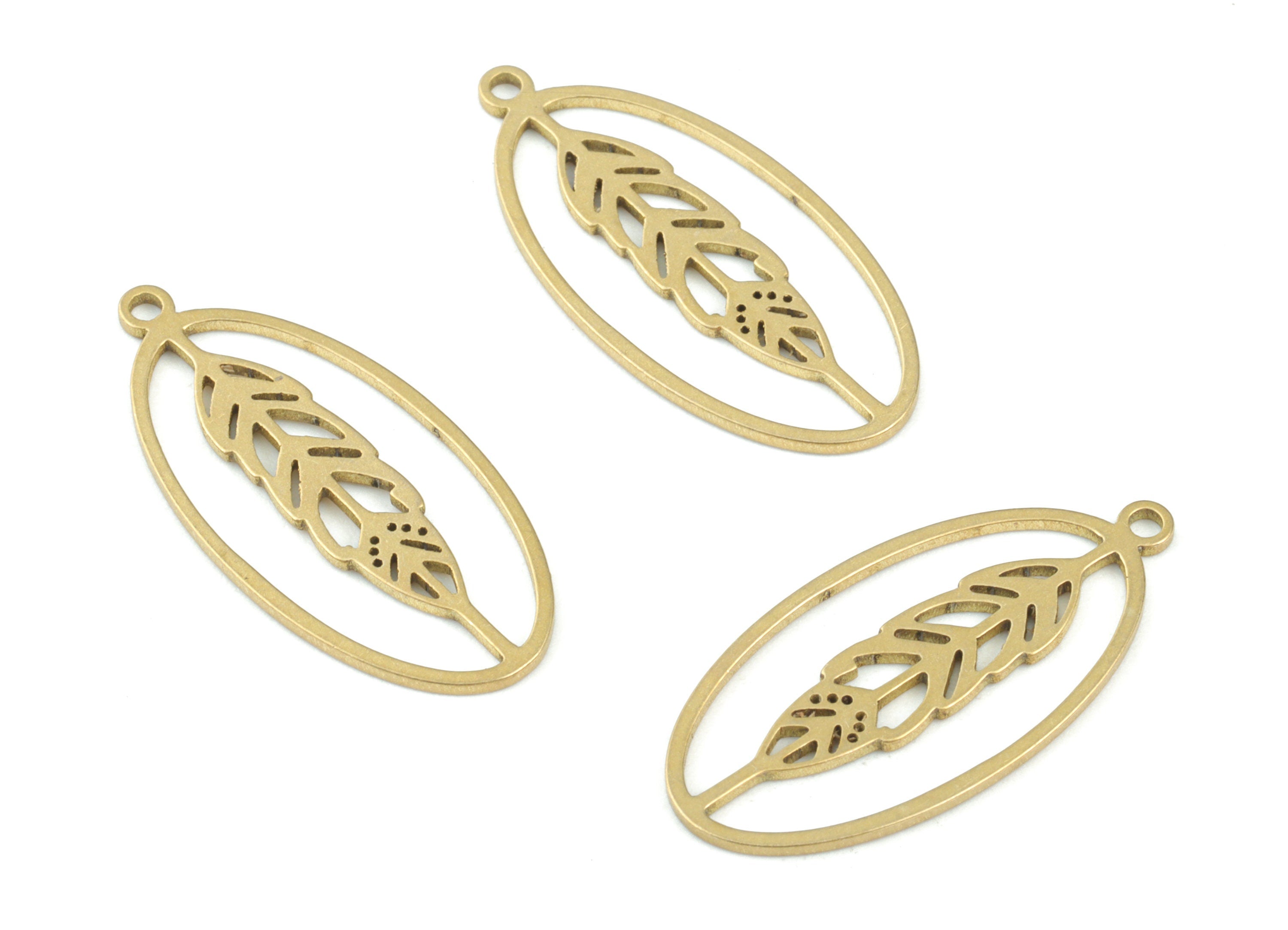 Wheatear Oval Pendant - Raw Brass Oval Feather Earring Charms - Brass Wheatear Charms - Jewelry Making Supplies - 25x12x0.8mm - PPM3695 - DOMEDBAZAAR