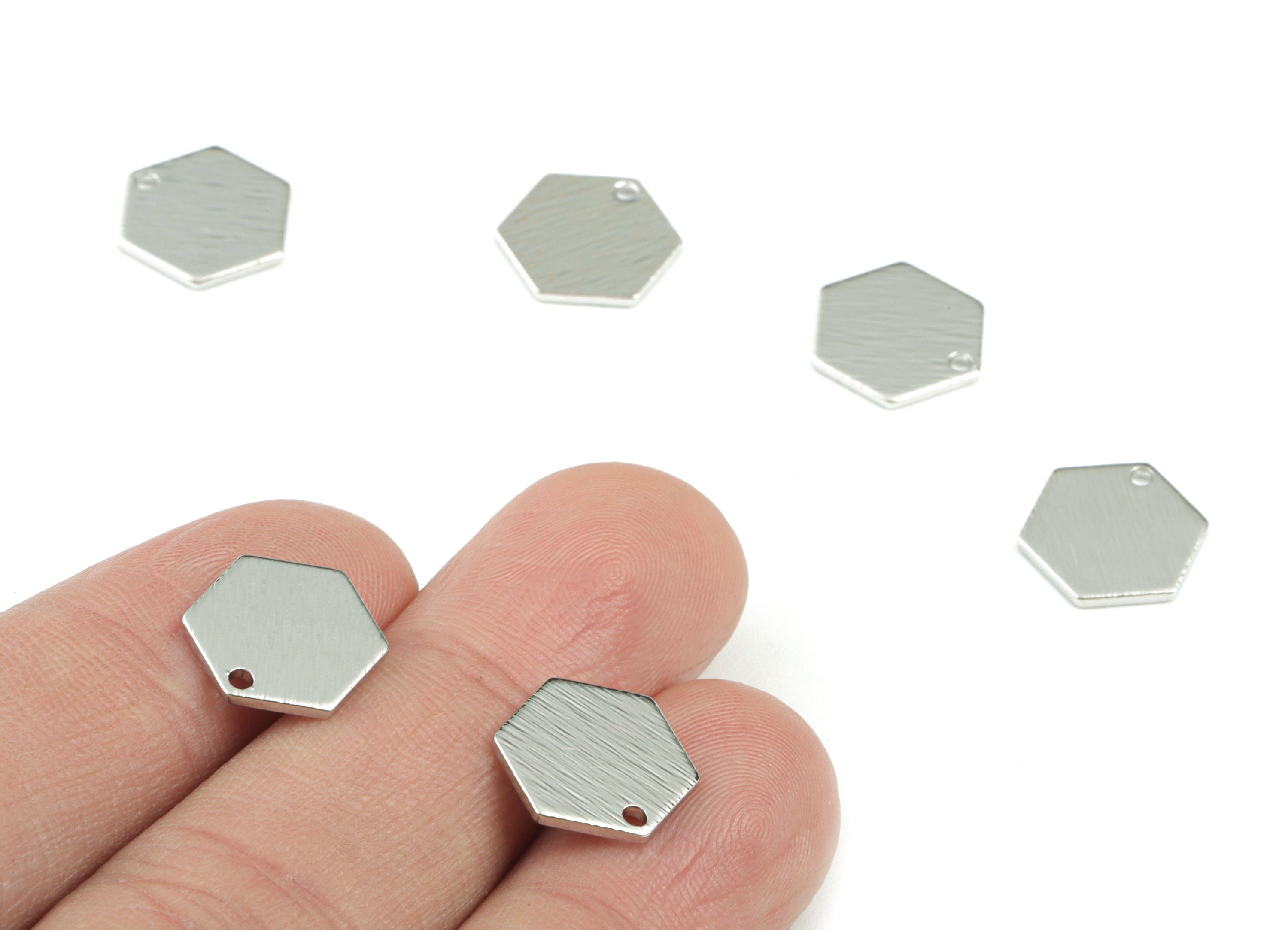 Silver Hexagon Mini Earring Charms - Silver Tone Plated Textured Brass - Jewelry Making Supplies - 13x11x1mm - PP3557S - DOMEDBAZAAR