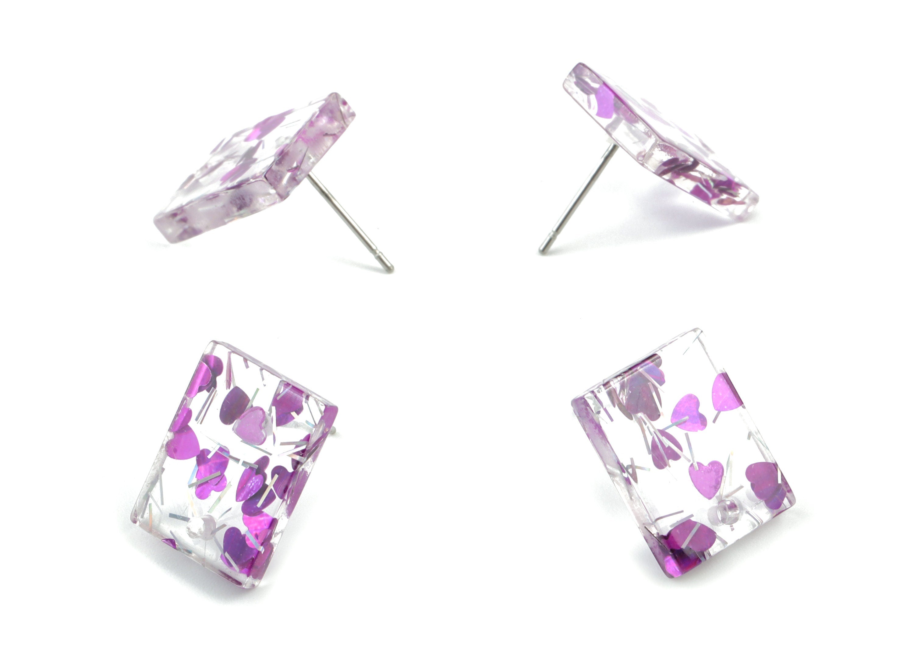 Acrylic Rectangle Earring Stud - Rectangle Earring Post - Purple Silver Foil & Confetti - Color Code: A538- 15.57x11.83x3mm - AC1663-A538 - DOMEDBAZAAR