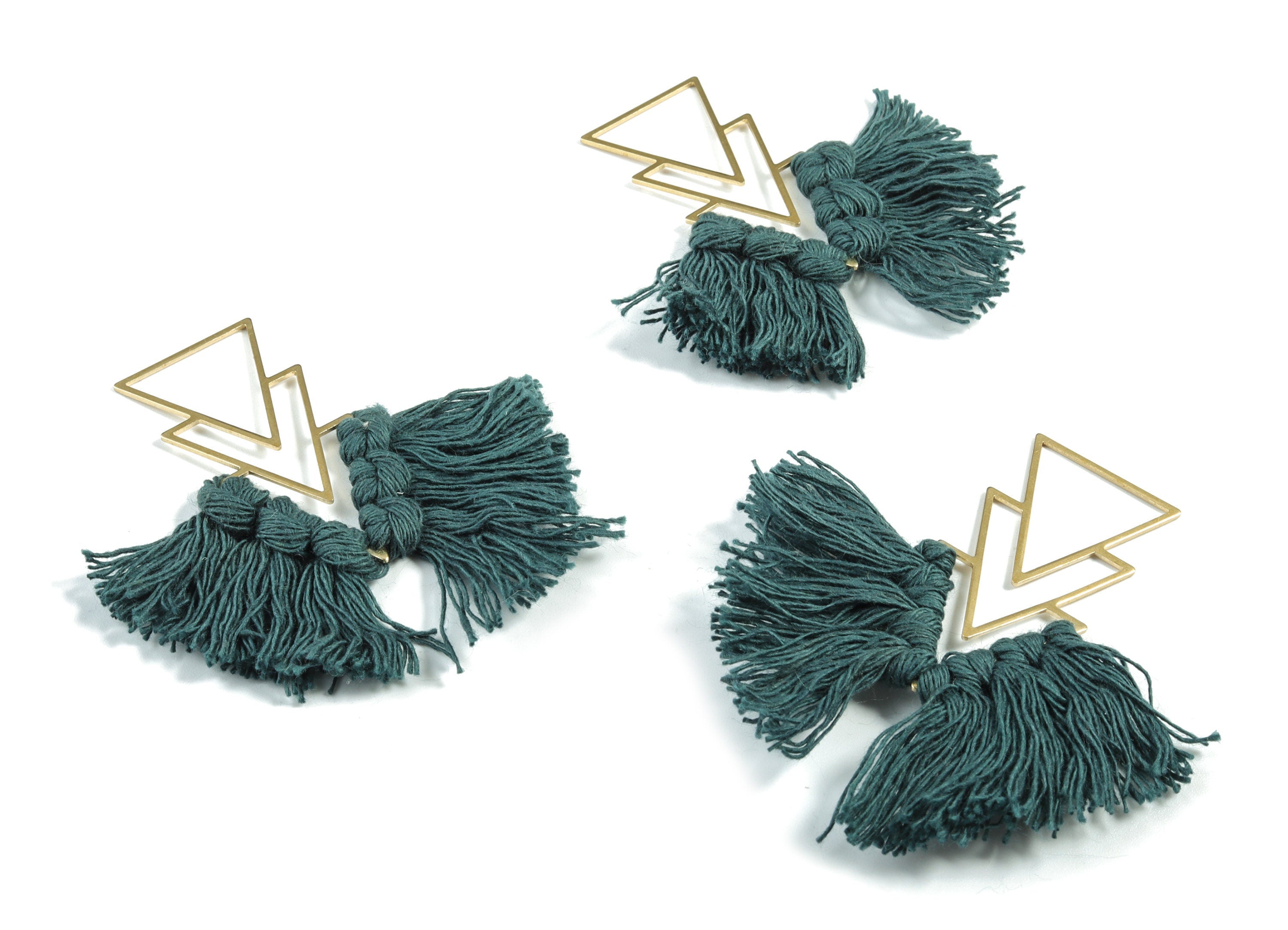Tassel Earring Charms - Handmade Cotton Petrol Green Macrame Earrings - Raw Brass Triangles Fringe Earrings - 66.83x21.44x4.03mm - TS1168D - DOMEDBAZAAR