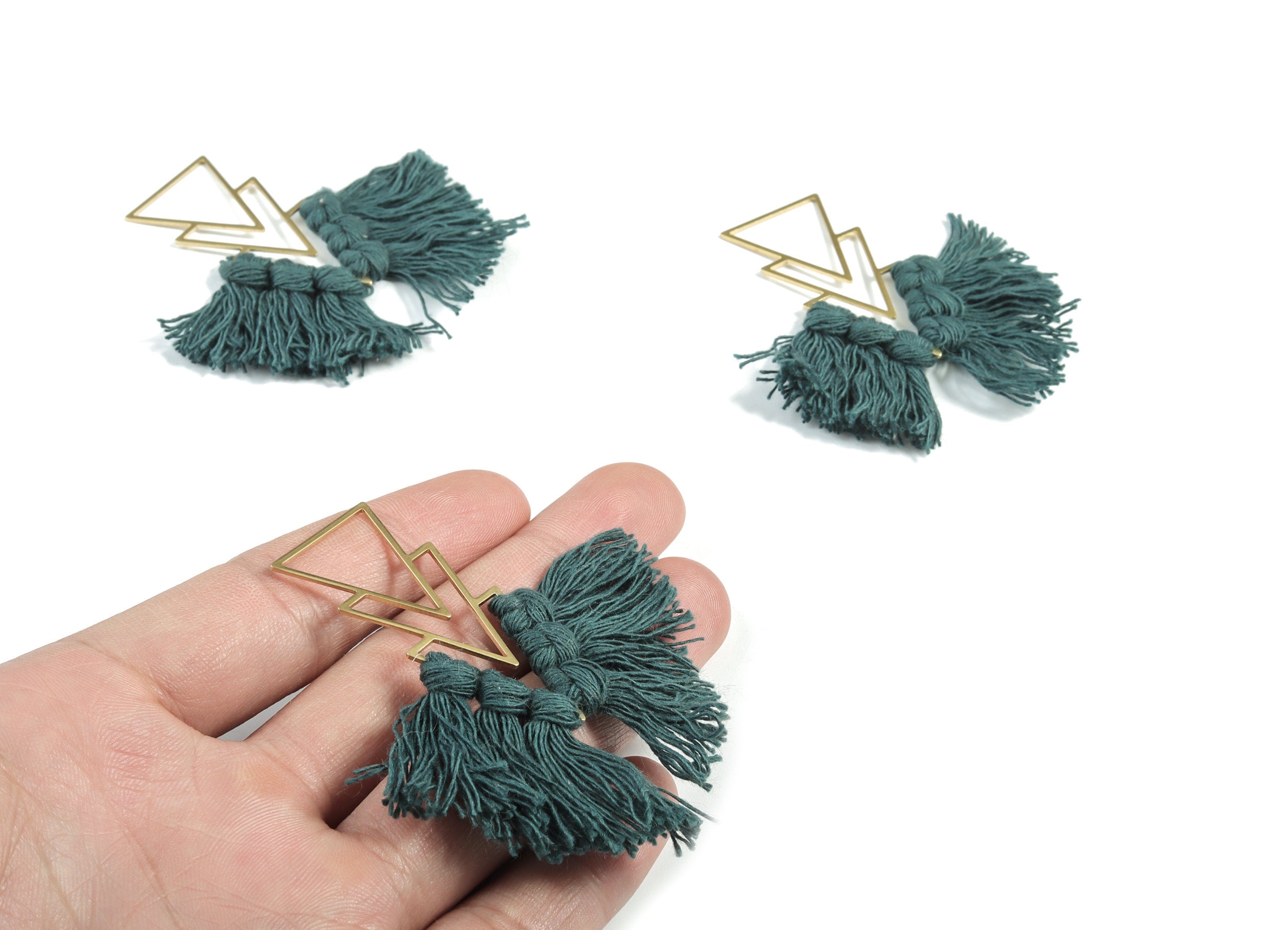 Tassel Earring Charms - Handmade Cotton Petrol Green Macrame Earrings - Raw Brass Triangles Fringe Earrings - 66.83x21.44x4.03mm - TS1168D - DOMEDBAZAAR