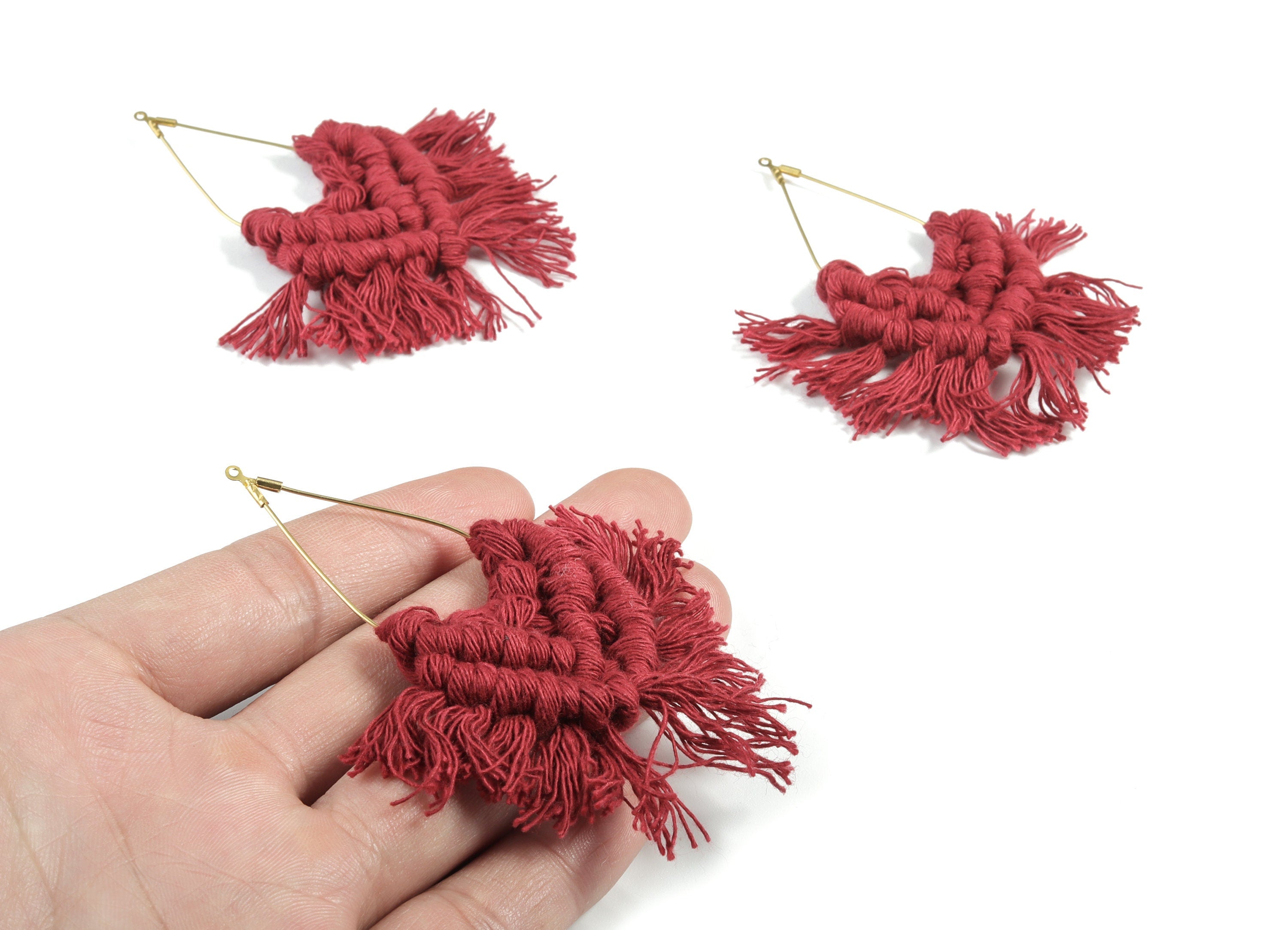 Tassel Earring Charms - Handmade Cotton Bordeaux Earrings - Raw Brass Drop Fringe Earrings - luxe Fan tassel - 83.01x42.63x6.31mm - TS1169C - DOMEDBAZAAR