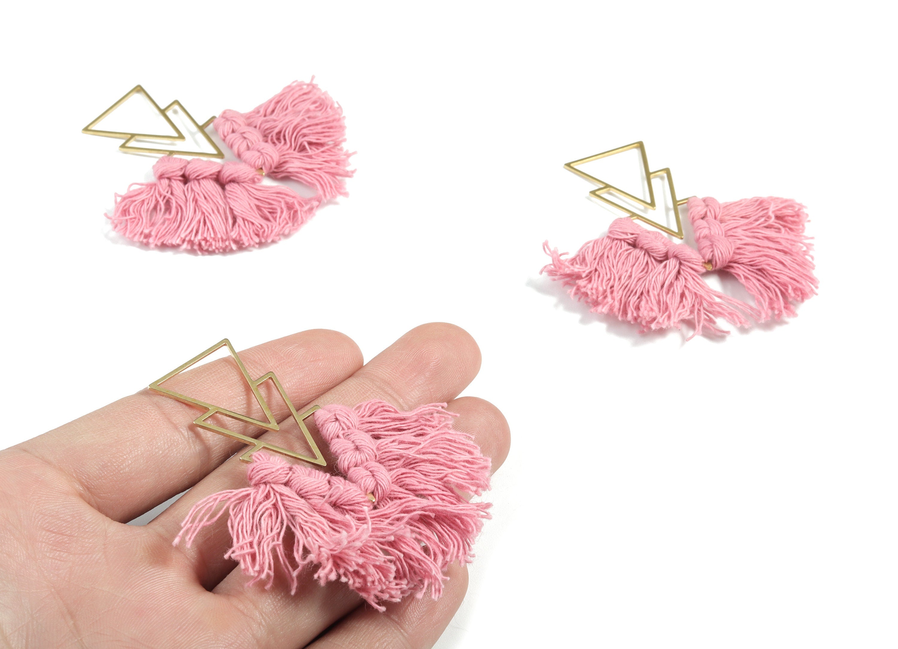 Tassel Earring Charms - Handmade Cotton Cream Macrame Earrings - Raw Brass Triangles Fringe Earrings - 66.83x21.44x4.03mm - TS1168B - DOMEDBAZAAR