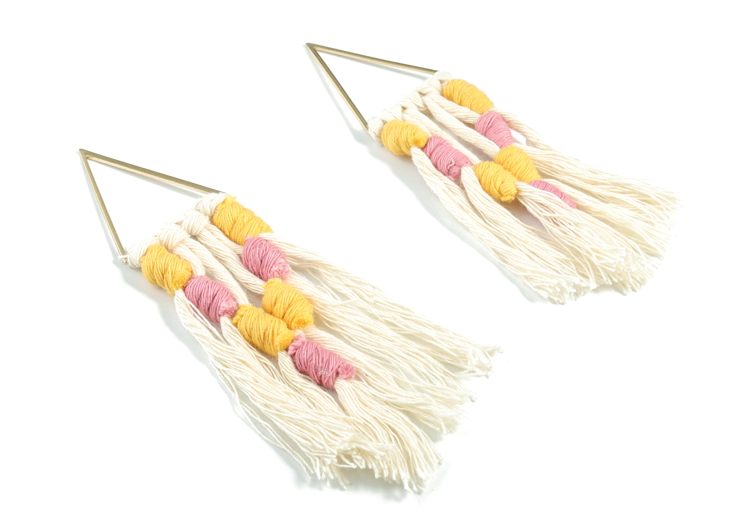 Tassel Earring Charms - Handmade Cotton Yellow Macrame Earrings - Raw Brass Triangle Fringe Earrings - 112.04x30.29x3.39mm - TS1170B - DOMEDBAZAAR