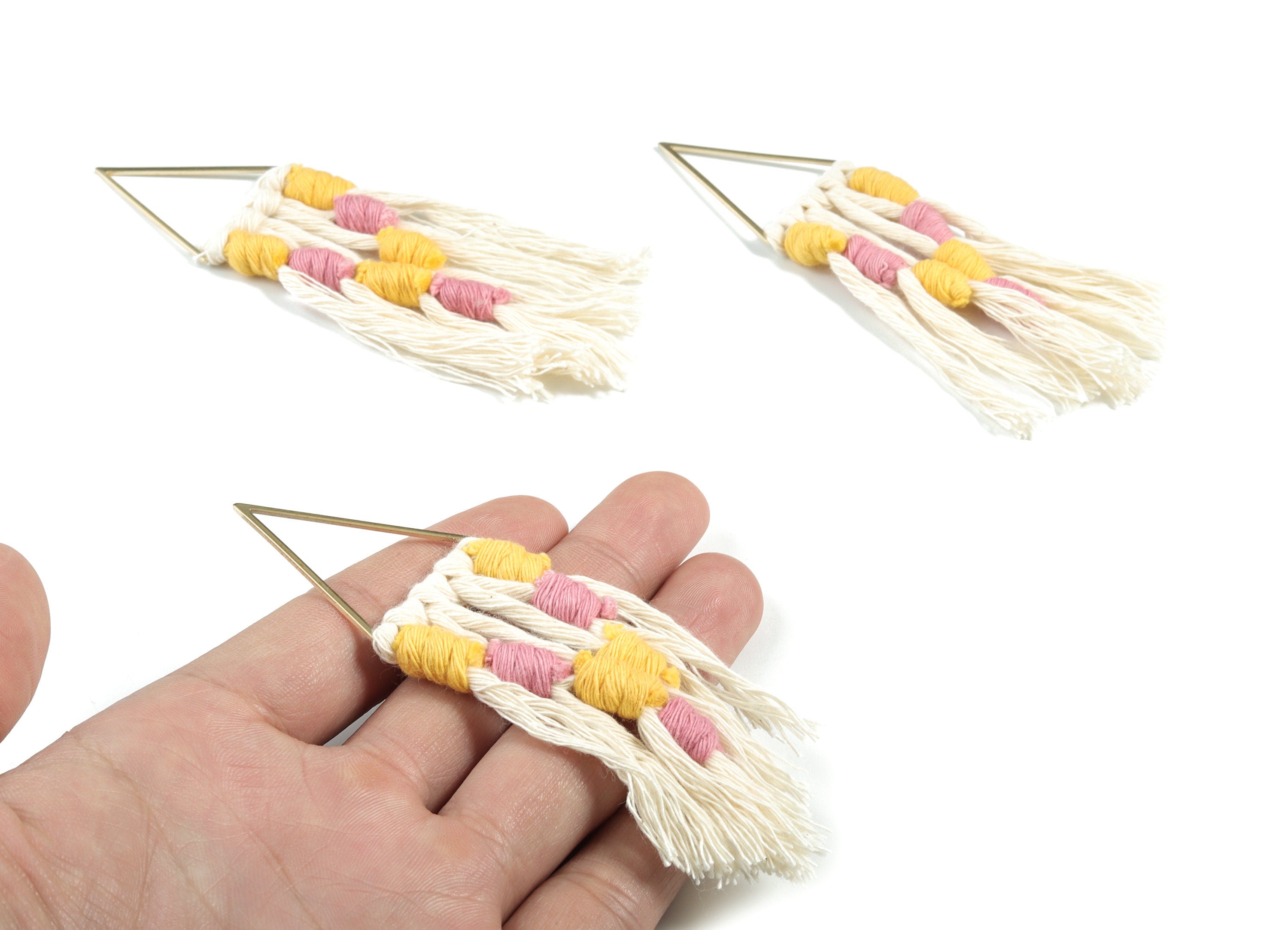 Tassel Earring Charms - Handmade Cotton Yellow Macrame Earrings - Raw Brass Triangle Fringe Earrings - 112.04x30.29x3.39mm - TS1170B - DOMEDBAZAAR