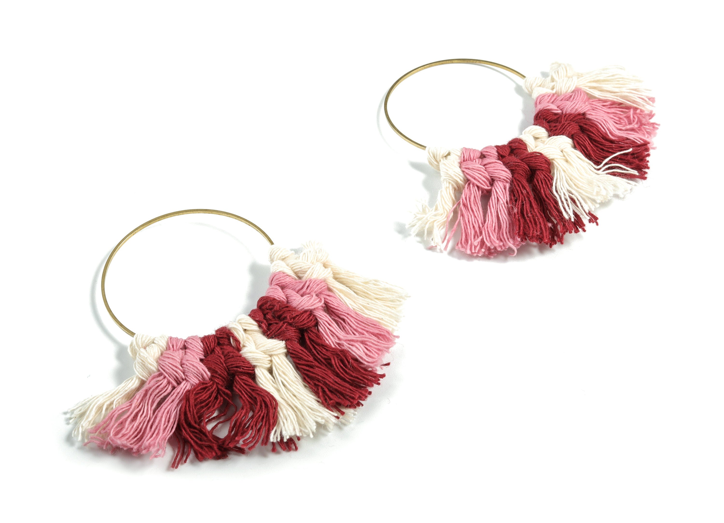 Tassel Earring Charms - Handmade Cotton Pink Macrame Earrings - Raw Brass Hoop Fringe Earrings - luxe Fan Tassel - 67.5x46.4x5mm - TS1171C - DOMEDBAZAAR