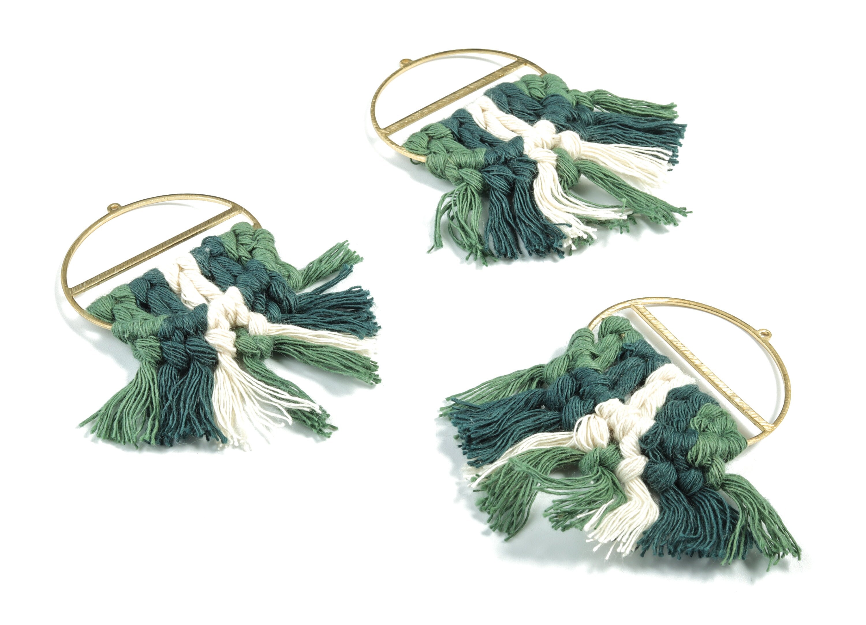 Tassel Earring Charms - Handmade Cotton Green Macrame Earrings - Raw Brass Round Fringe Earrings - luxe Fan Tassel - 76.89x43x5mm - TS1172C - DOMEDBAZAAR