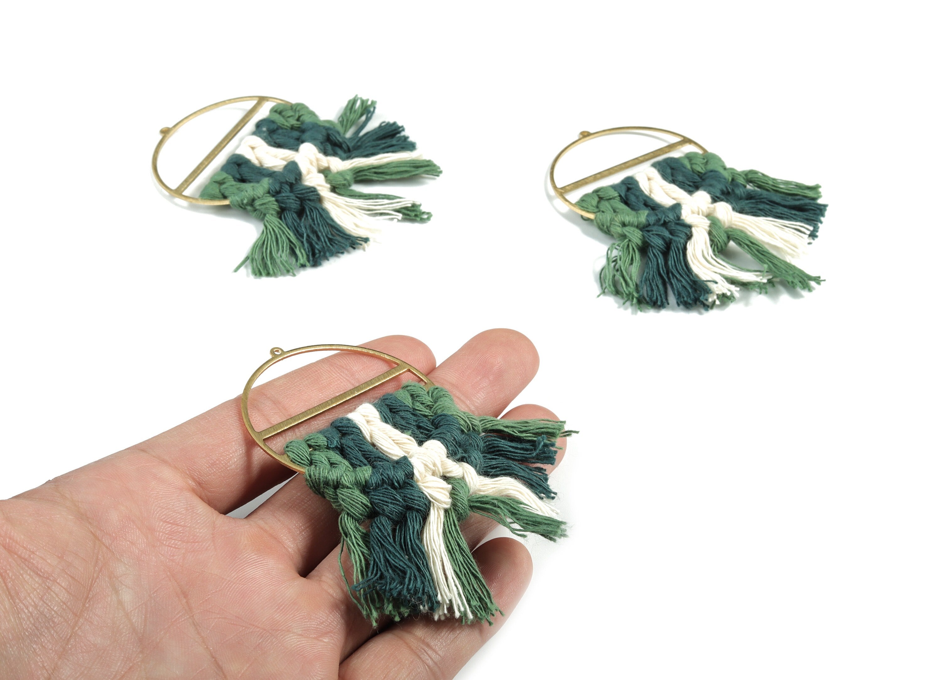 Tassel Earring Charms - Handmade Cotton Green Macrame Earrings - Raw Brass Round Fringe Earrings - luxe Fan Tassel - 76.89x43x5mm - TS1172C - DOMEDBAZAAR
