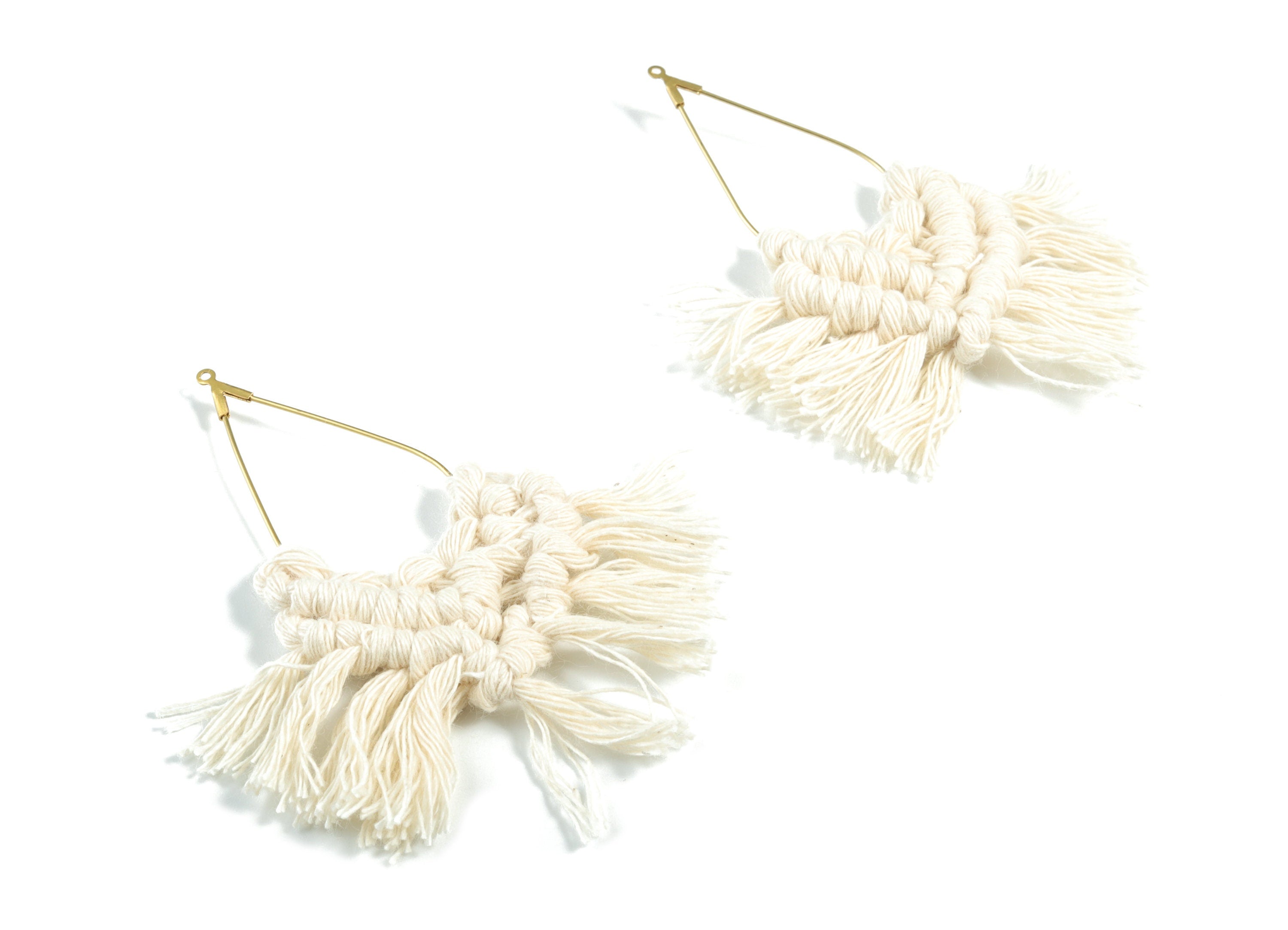 Tassel Earring Charms - Handmade Cotton Cream Macrame Earrings - Raw Brass Drop Fringe Earrings - luxe Fan tassel - 83x42.63x6.3mm - TS1169A - DOMEDBAZAAR