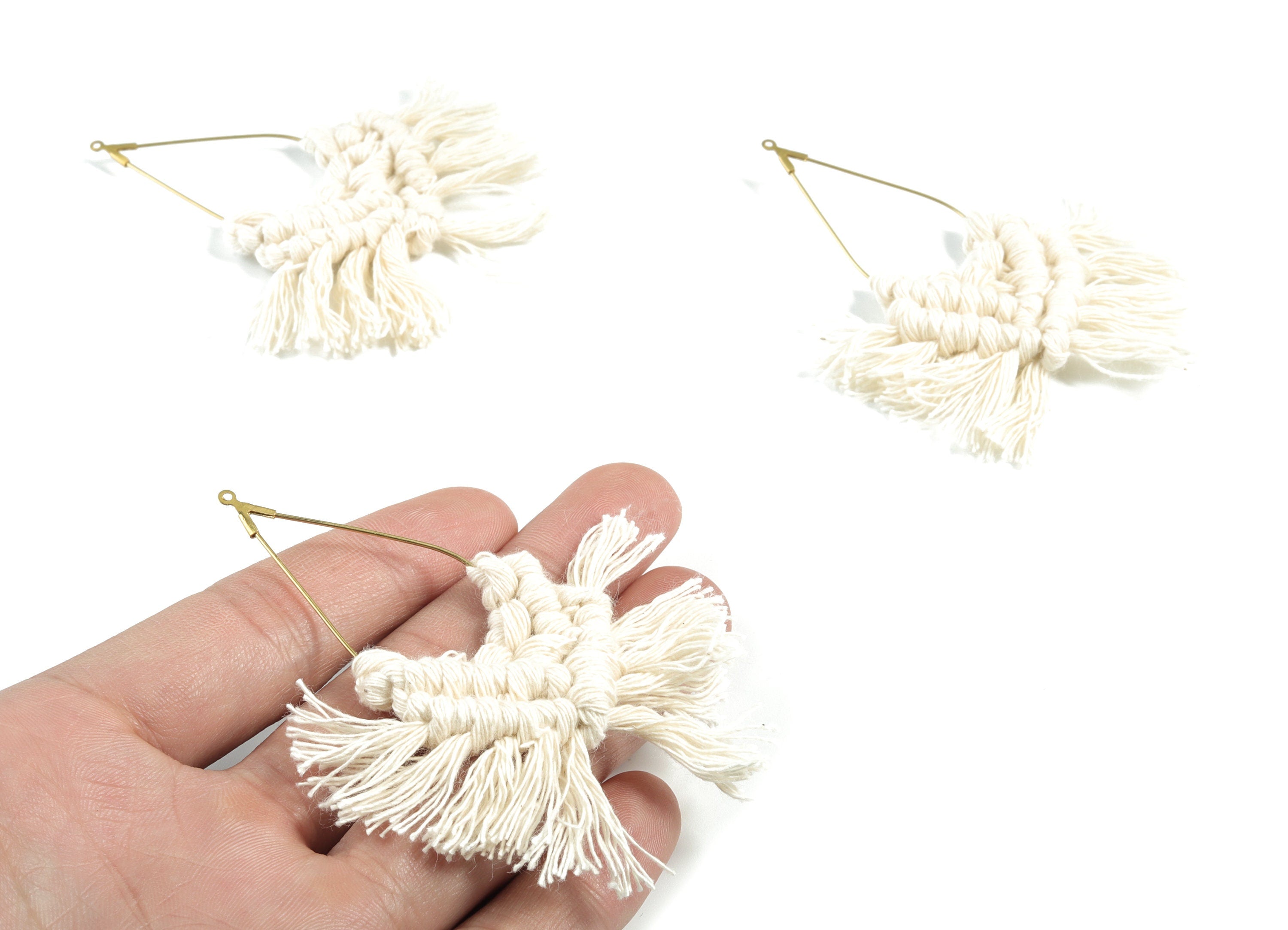 Tassel Earring Charms - Handmade Cotton Cream Macrame Earrings - Raw Brass Drop Fringe Earrings - luxe Fan tassel - 83x42.63x6.3mm - TS1169A - DOMEDBAZAAR