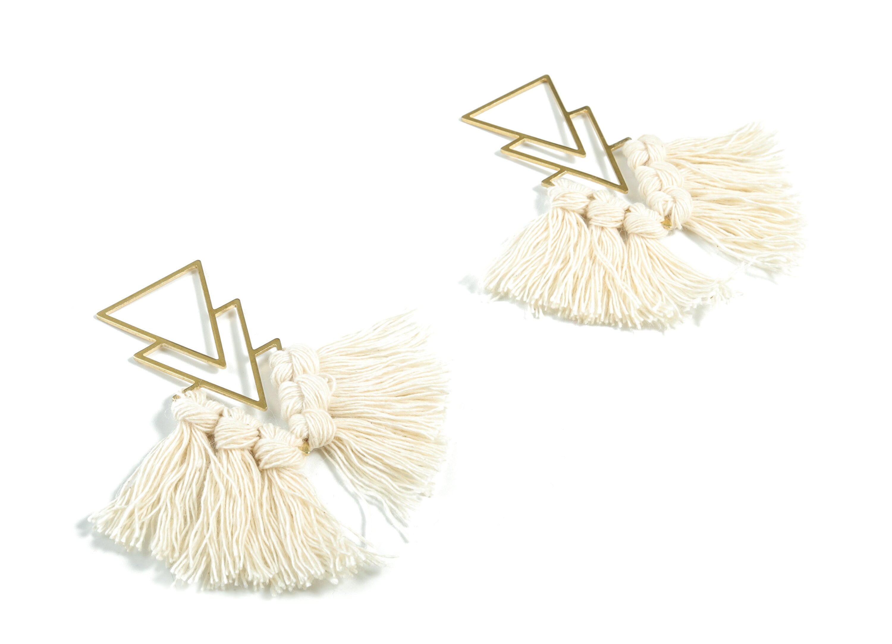 Tassel Earring Charms - Handmade Cotton Cream Macrame Earrings - Raw Brass Triangles Fringe Earrings - 66.83x21.44x4.03mm - TS1168A - DOMEDBAZAAR