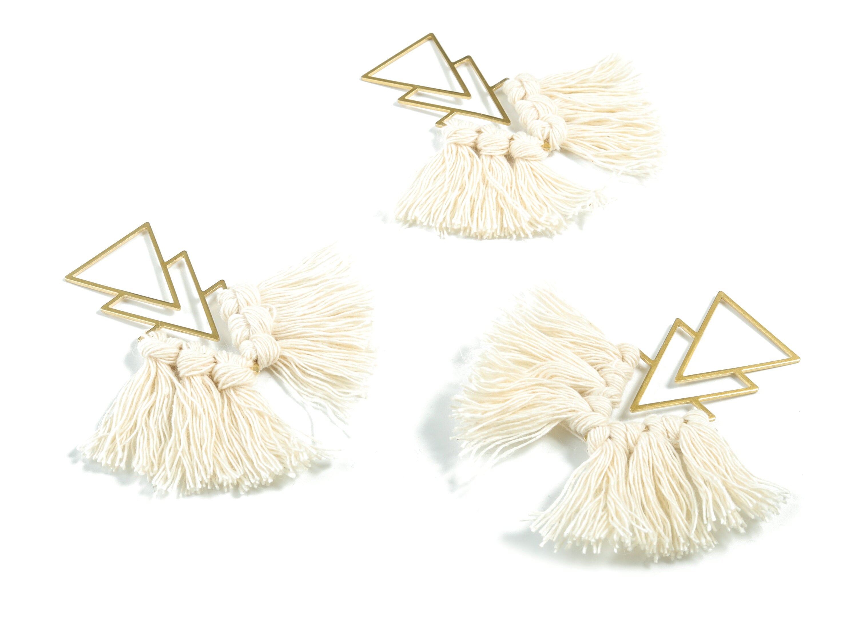 Tassel Earring Charms - Handmade Cotton Cream Macrame Earrings - Raw Brass Triangles Fringe Earrings - 66.83x21.44x4.03mm - TS1168A - DOMEDBAZAAR