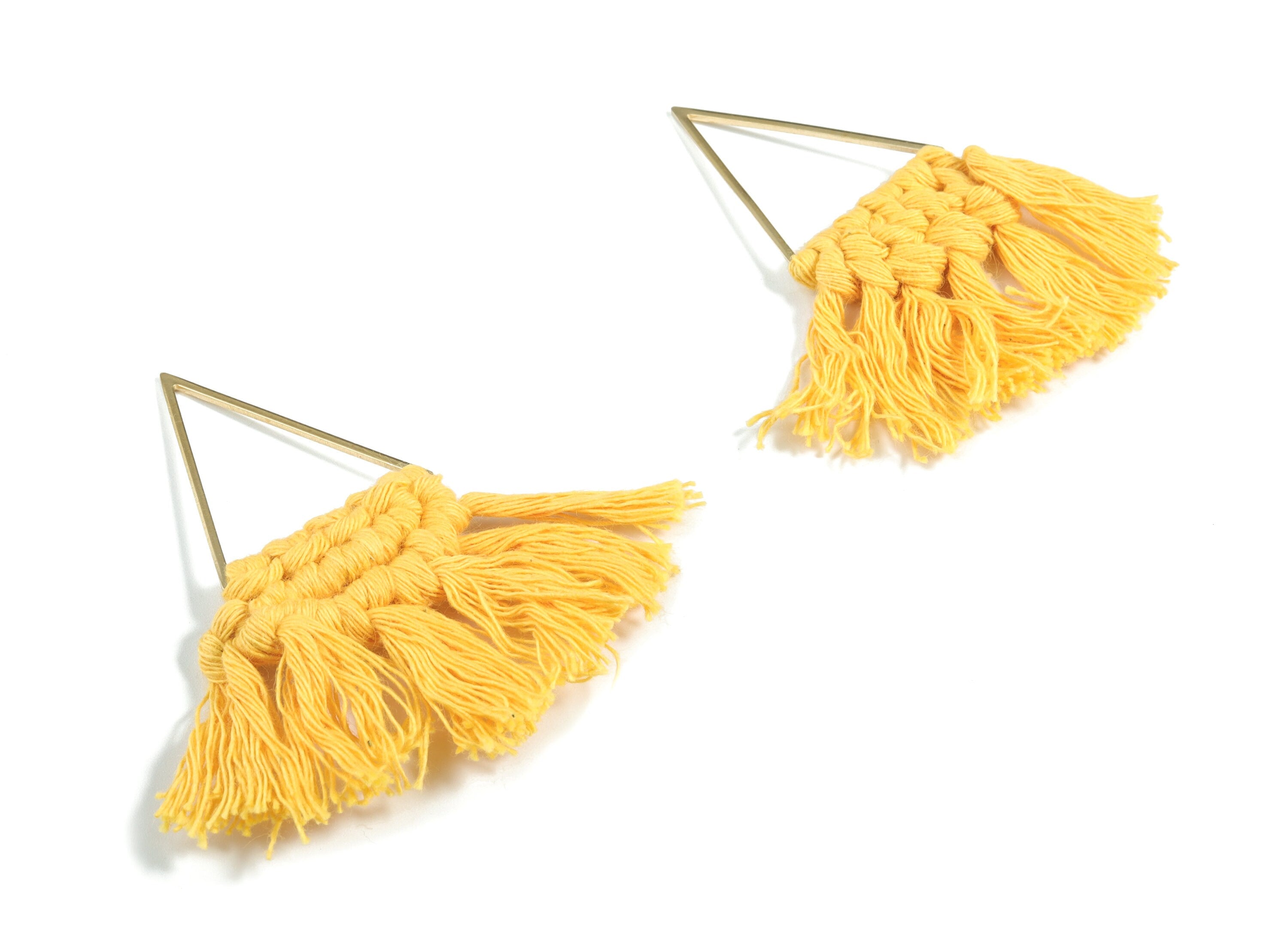 Tassel Earring Charms - Handmade Cotton Yellow Macrame Earrings - Raw Brass Triangle Fringe Earrings - Luxe Fan Tassel - 71x31x7mm - TS1173C - DOMEDBAZAAR