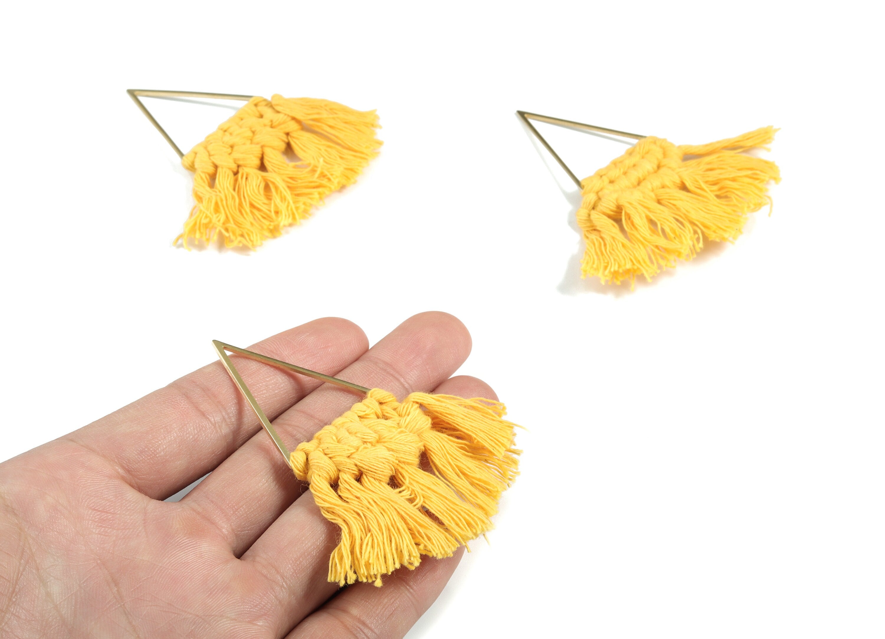 Tassel Earring Charms - Handmade Cotton Yellow Macrame Earrings - Raw Brass Triangle Fringe Earrings - Luxe Fan Tassel - 71x31x7mm - TS1173C - DOMEDBAZAAR