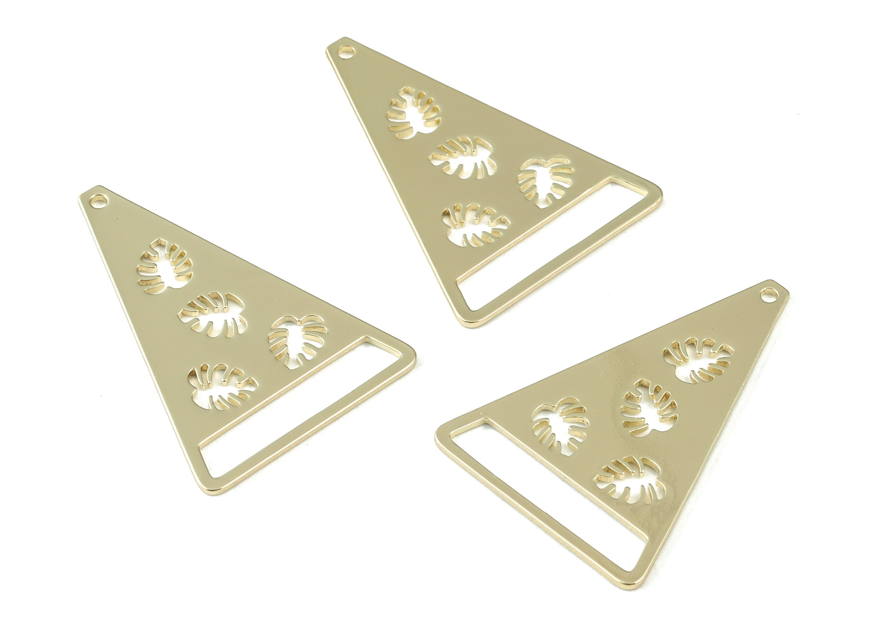 Gold Monsteras Triangle Earring Connector - Gold Tone Plated Brass Triangle Monstera Charms - Jewelry Supplies - 35x24x0.9mm - PPM3084G - DOMEDBAZAAR