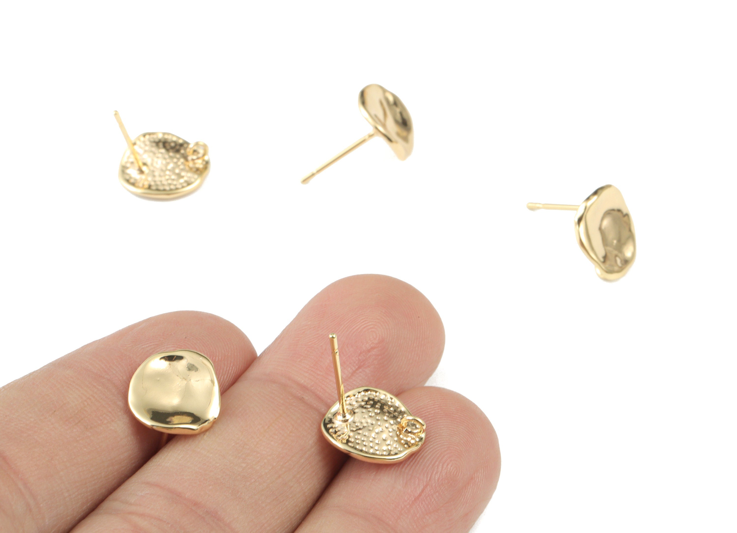 Gold Round Earring Stud With Loop - 18K Real Gold Plated Brass Wavy Round Earring Post - Jewellery Supplies - 13.58x11.54x3.83mm - RGP2728 - DOMEDBAZAAR