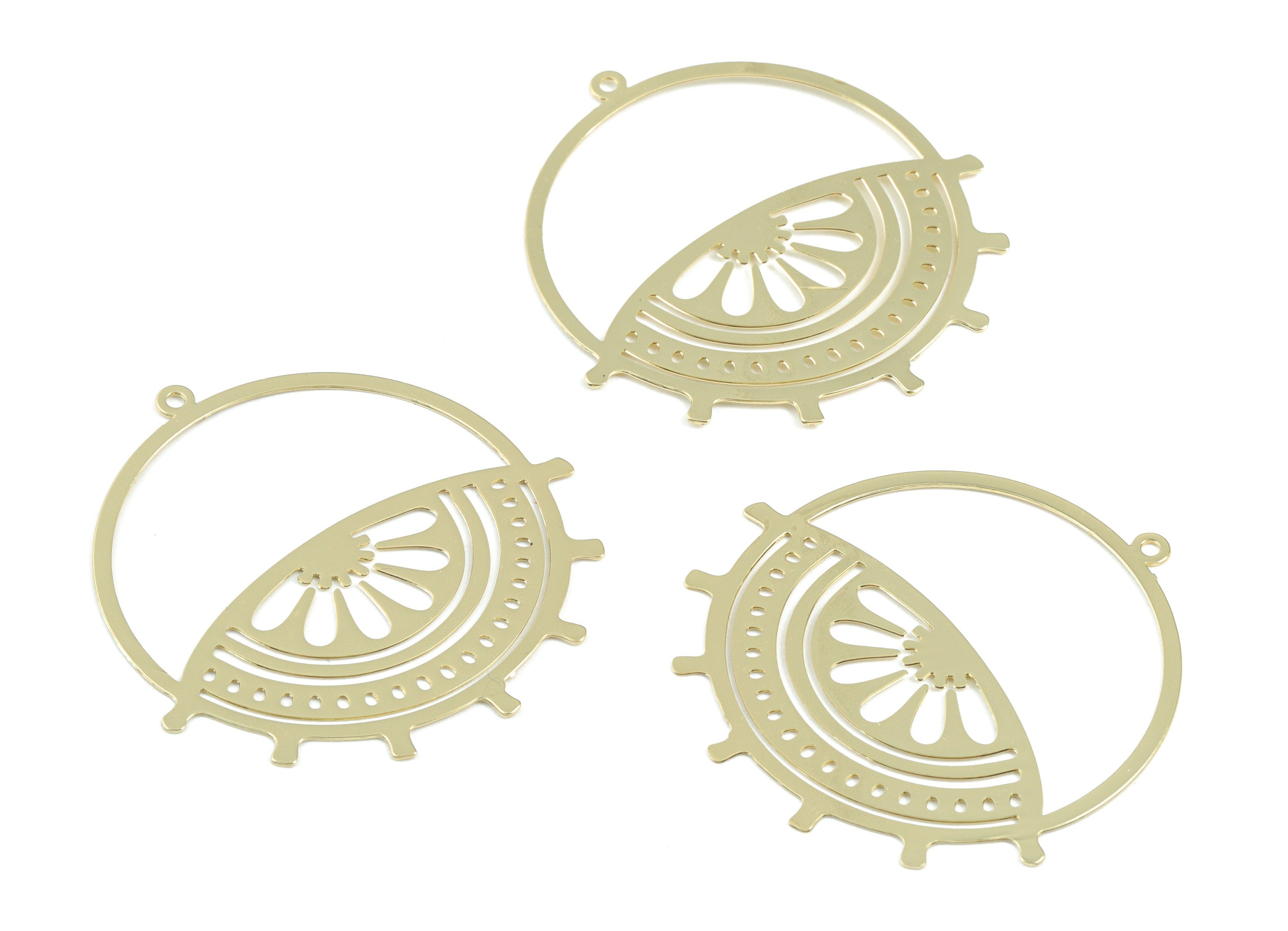 Gold Tone Plated Brass Leaf Round Pendant - Brass Hoop Eye lash Earring Charms - Jewelry Supplies - 39.56x38.11x0.3mm - JJB6256G - DOMEDBAZAAR