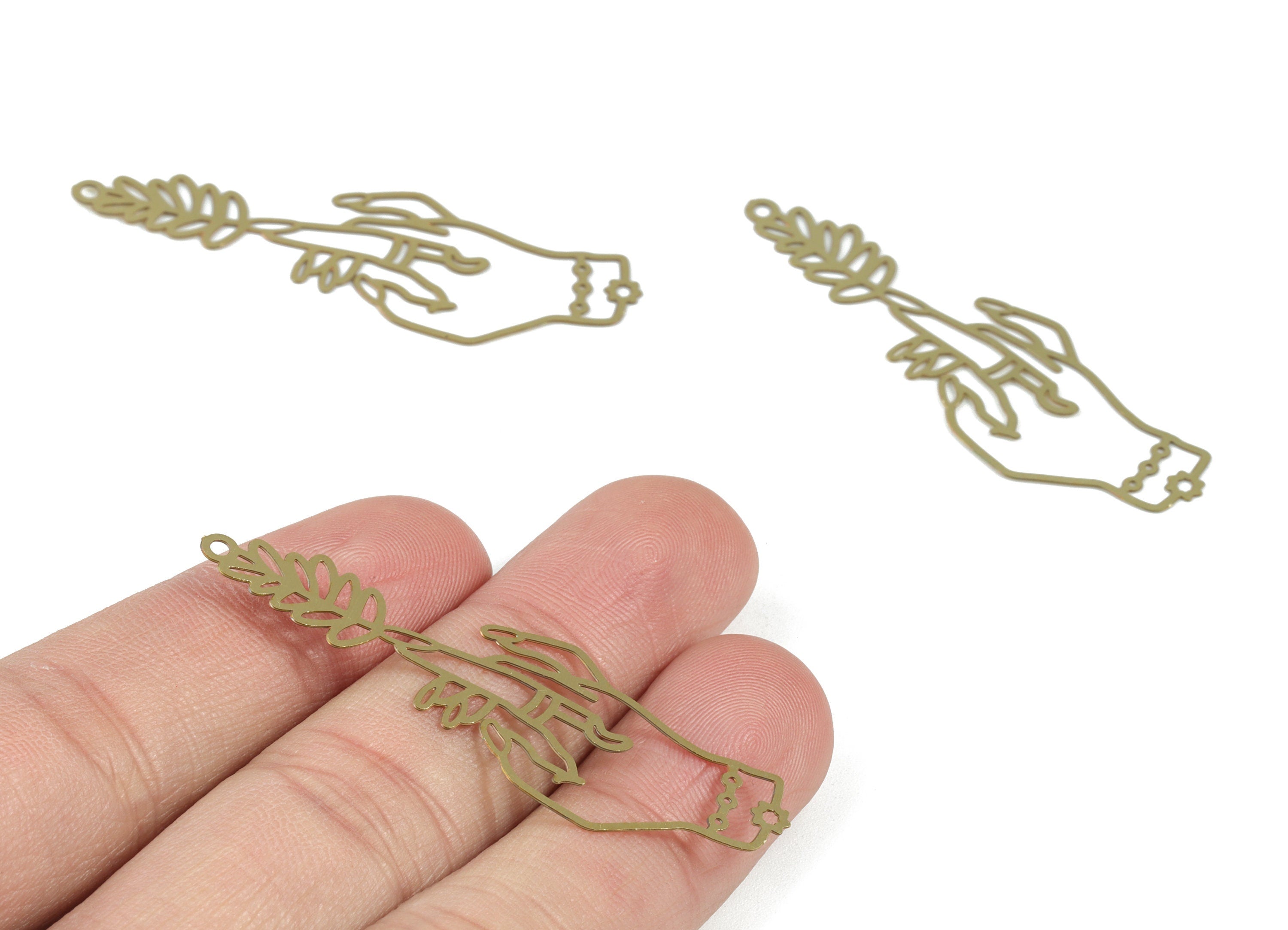 Brass Hand Flower Earring Charms - Raw Brass Hand Flower Pendant - Earring Findings - Jewellery Supplies - 52.41x18.77x0.3mm - JJB6515 - DOMEDBAZAAR