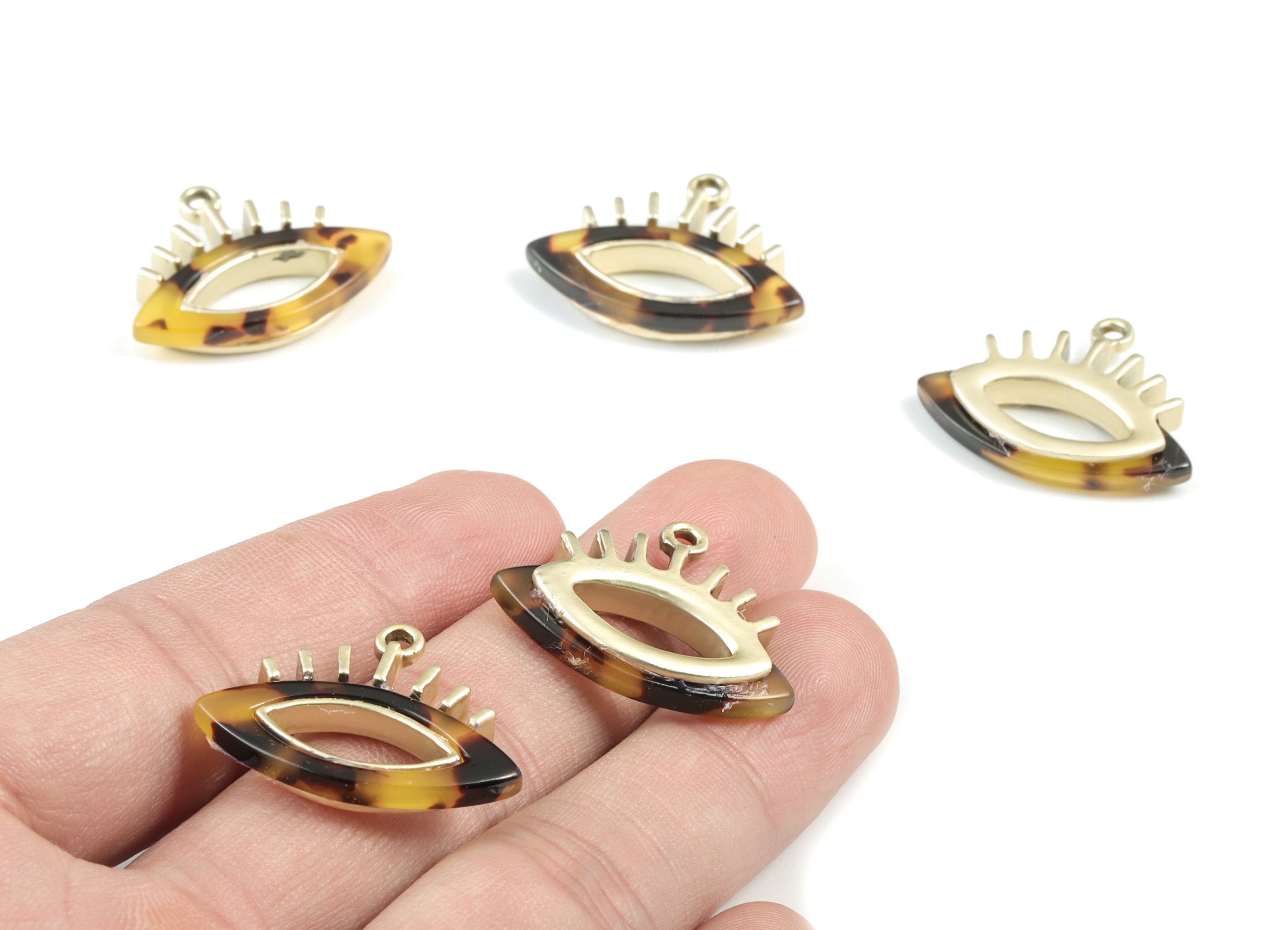 Eyelash Earring Charms - Tortoise Shell Acetate Eye Charms - Matte Gold Tone Plated Alloy Eye Charms - 28x22x4mm - AC1846-A02MG - DOMEDBAZAAR