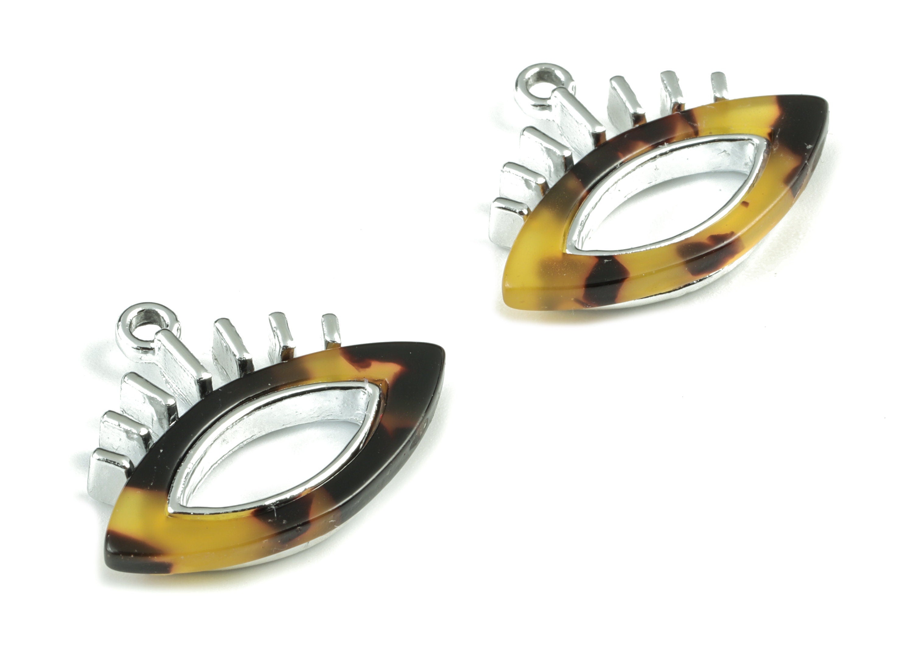 Eyelash Earring Charms - Tortoise Shell Acetate Eye Charms - Silver Tone Plated Alloy Eye Charms - 28x22x4mm - AC1846-A02S - DOMEDBAZAAR