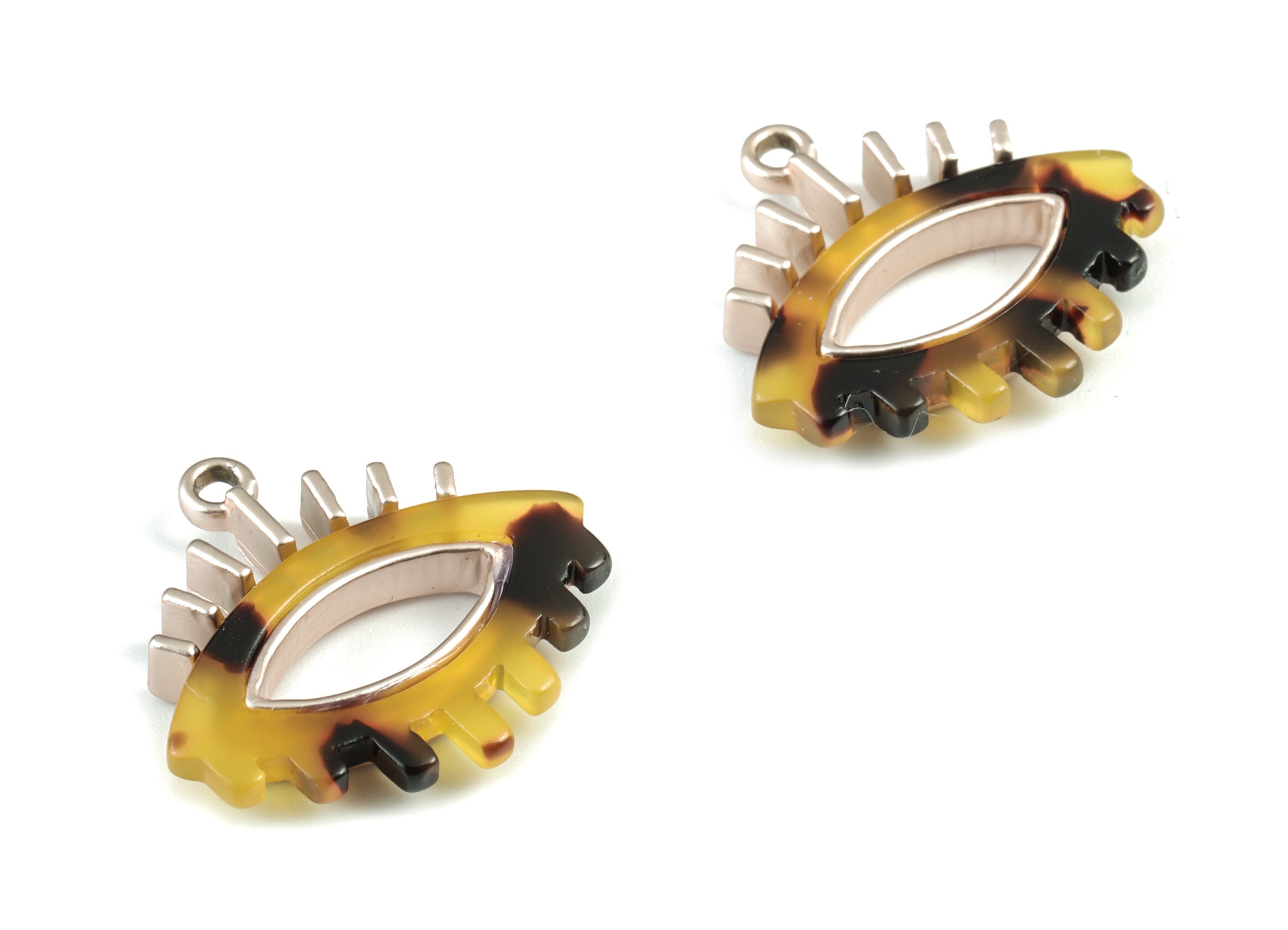 Eyelash Earring Charms - Tortoise Shell Acetate Eye Charms - Matte Rose Tone Plated Alloy Eye Charms - 27x26x4mm - AC1847-A02MR - DOMEDBAZAAR