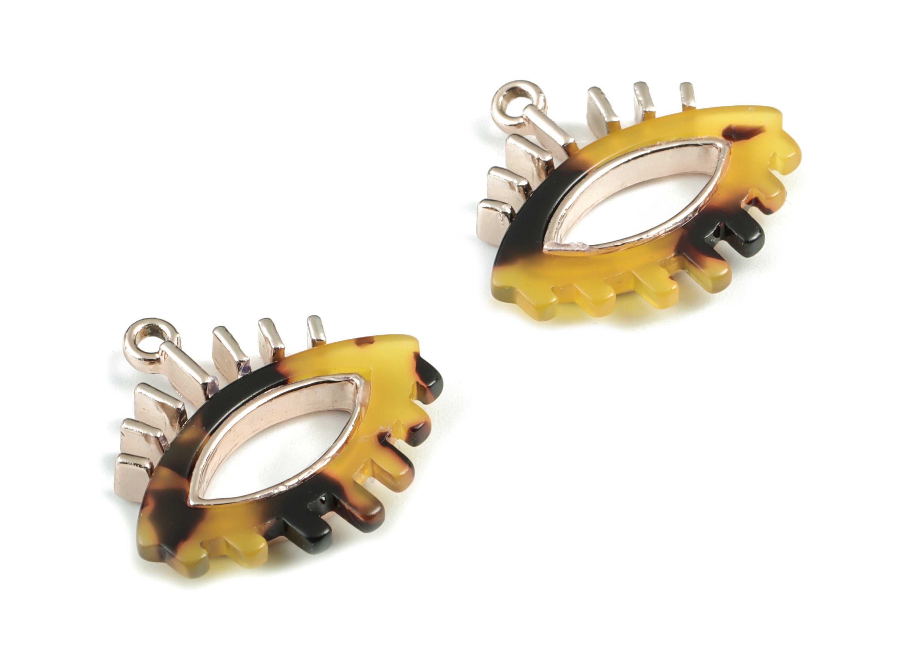 Eyelash Earring Charms - Tortoise Shell Acetate Eye Charms - Rose Tone Plated Alloy Eye Charms - 27x26x4mm - AC1847-A02R - DOMEDBAZAAR