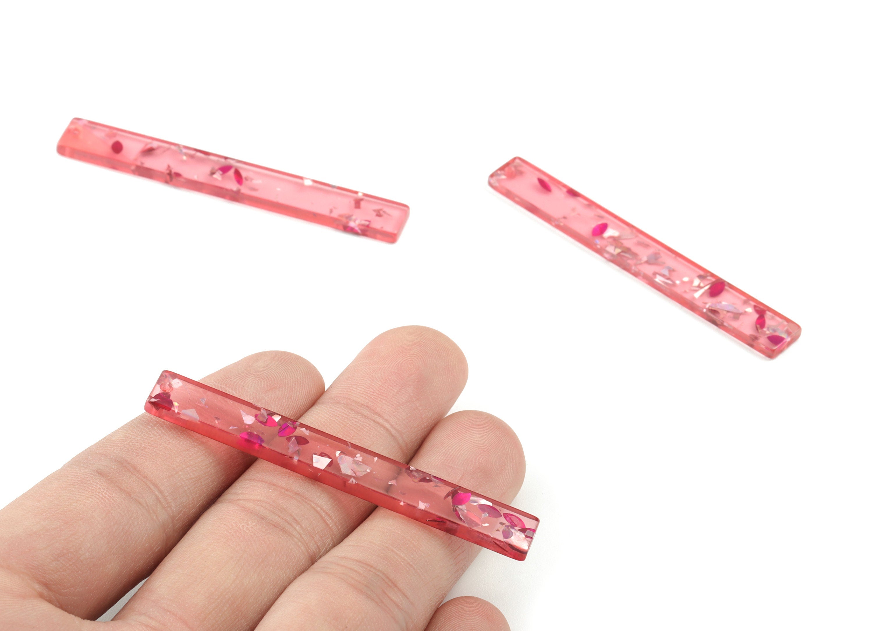 Acrylic Long Stick Earring Charms - Long Rectangle Pendant - Red Silver Foil & Confetti - Color Code: A437 - 59.83x7.79x2.8mm - AC1049-A437 - DOMEDBAZAAR