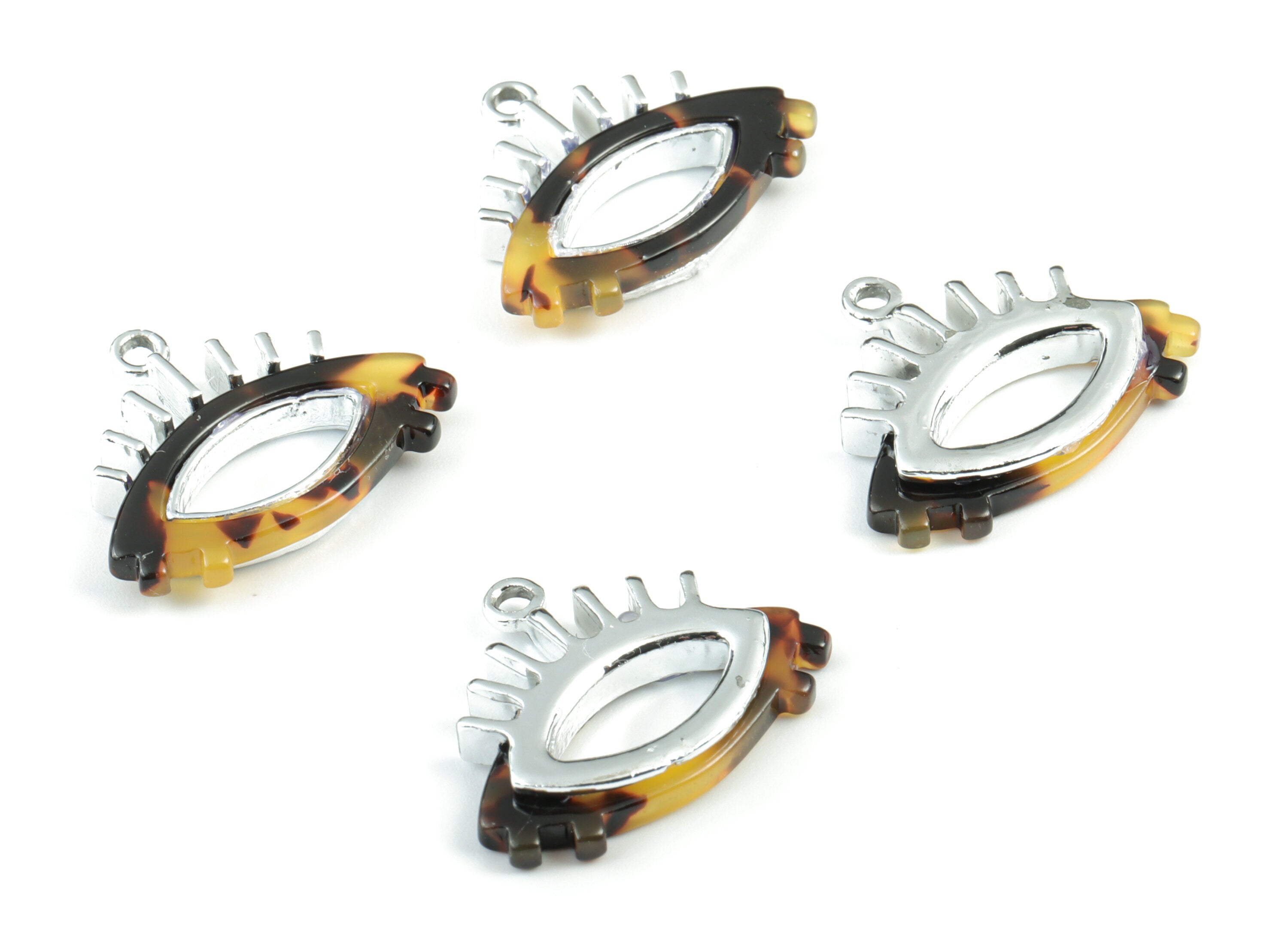 Eyelash Earring Charms - Tortoise Shell Acetate Eye Charms - Silver Tone Plated Alloy Eye Charms - 27x22x4mm - AC1848-A02S - DOMEDBAZAAR