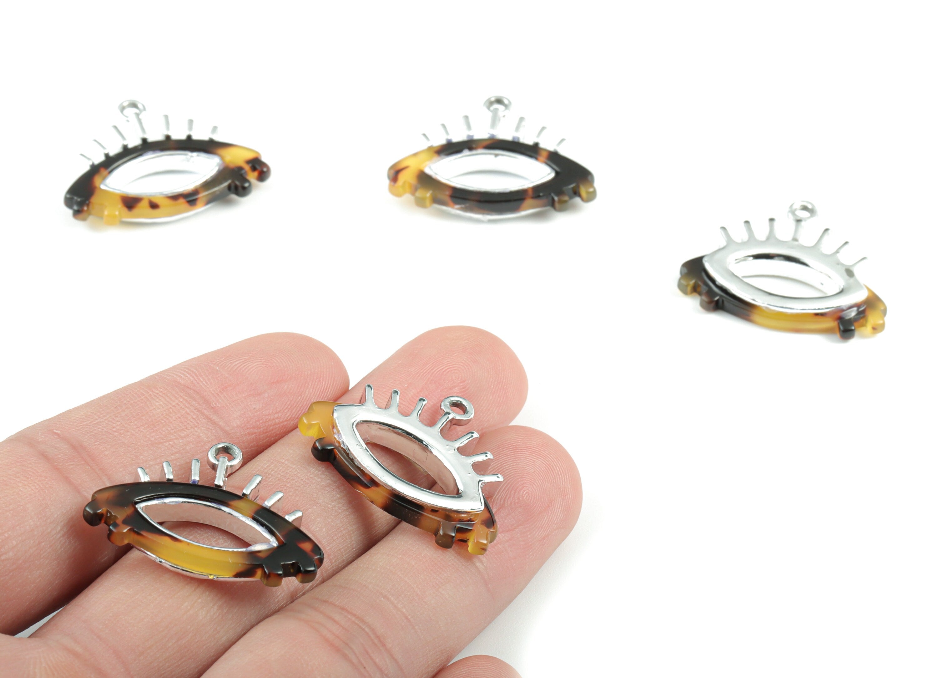 Eyelash Earring Charms - Tortoise Shell Acetate Eye Charms - Silver Tone Plated Alloy Eye Charms - 27x22x4mm - AC1848-A02S - DOMEDBAZAAR