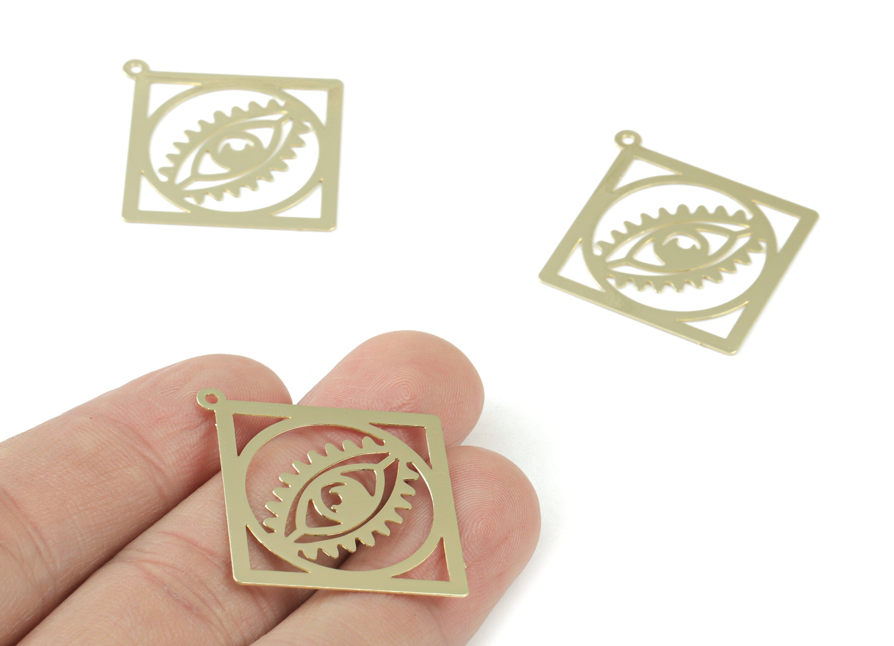 Gold Tone Plated Brass Round Eye Earring Charms - Brass Rhombus Eye Pendant - Jewelry Supplies - 37.61x35.62x0.3mm - JJB6251G - DOMEDBAZAAR