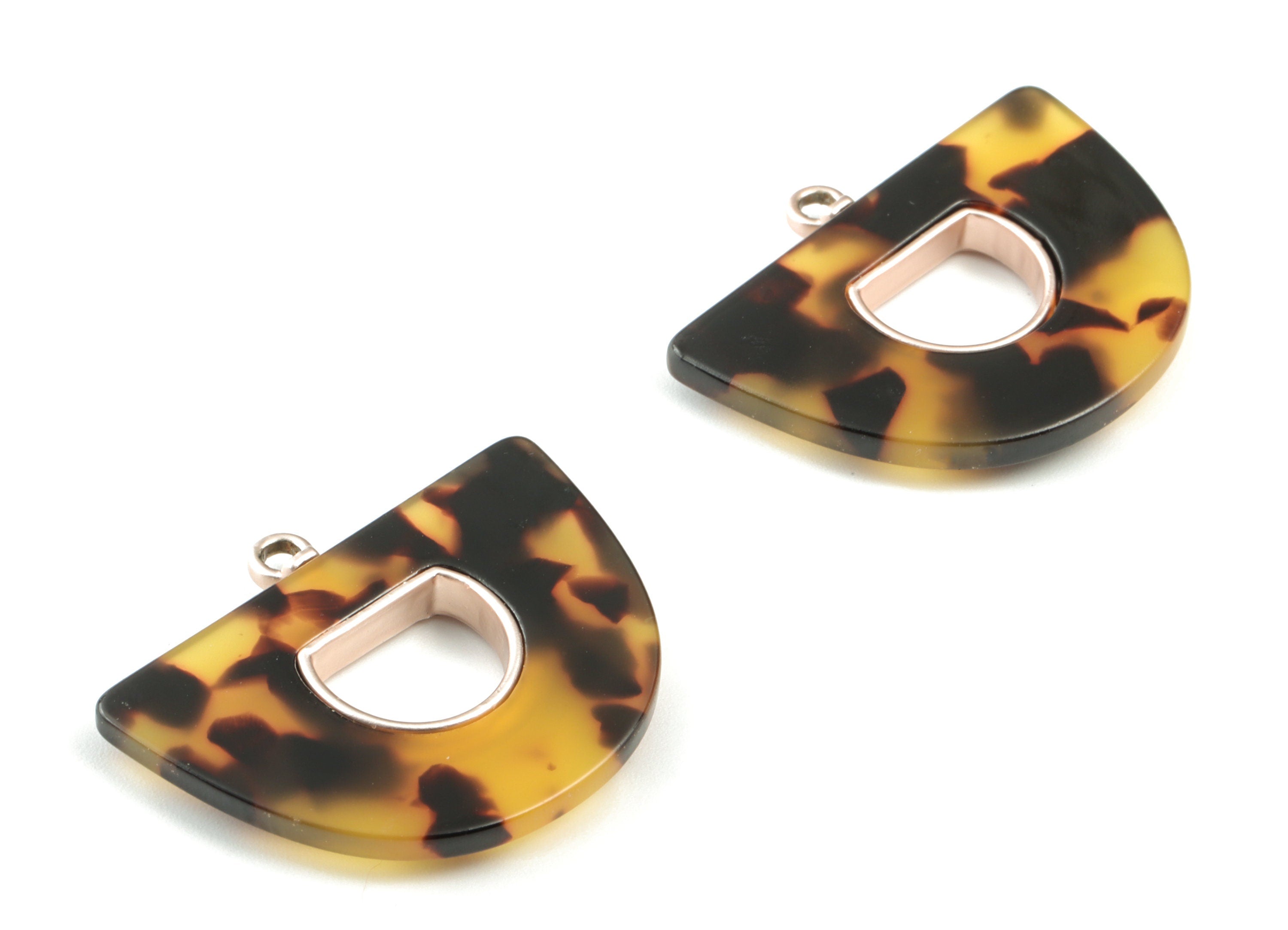 Acetate Semi circle Earring Charm - Matte Rose Alloy Frame Tortoise Shell Acetate Half Moon Pendant - 39.88x28.57x3.99mm - AC2148-A02MR - DOMEDBAZAAR