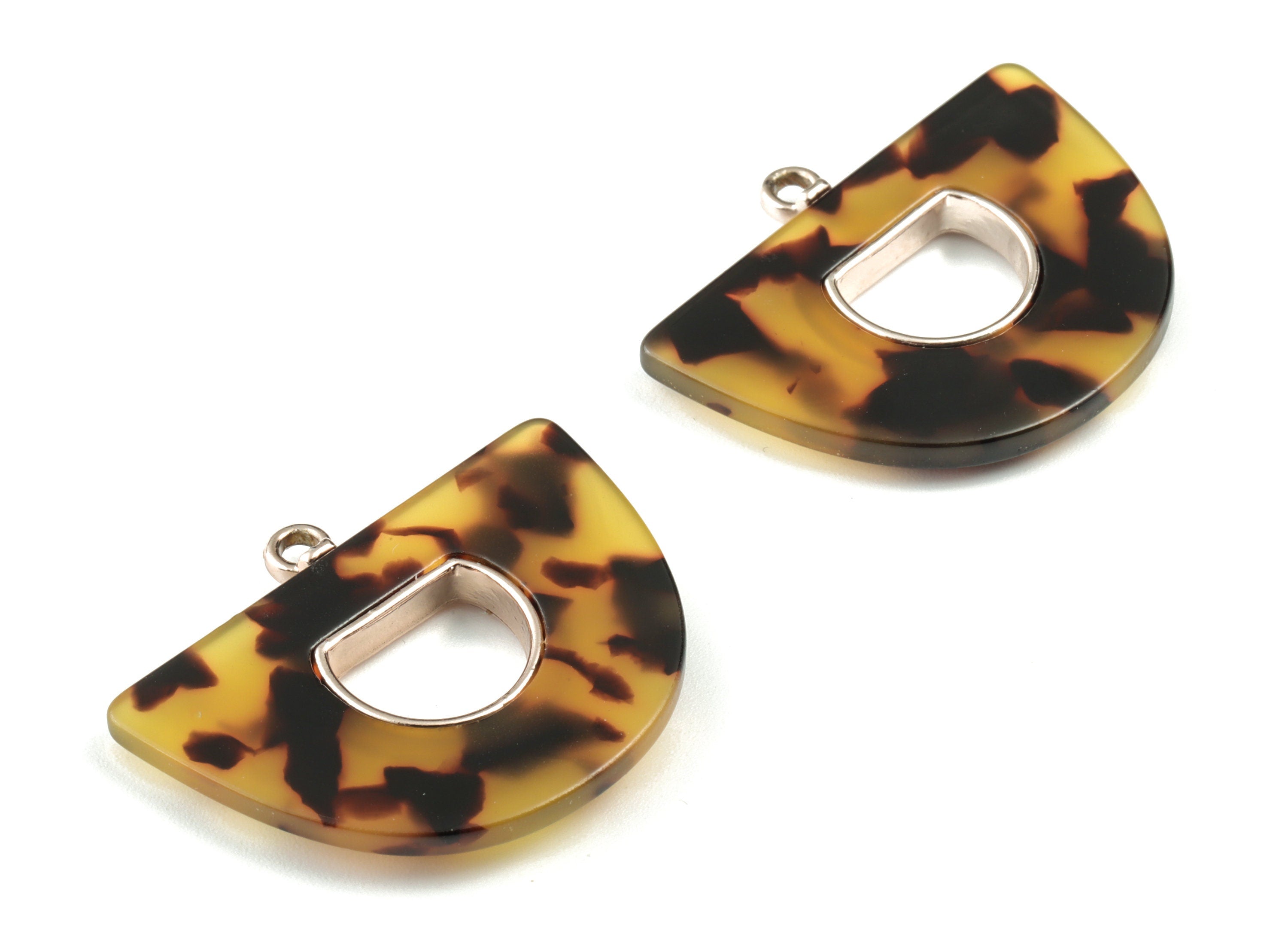 Acetate Semicircle Earring Charm - Rose Alloy Frame Tortoise Acetate Domed Charms - Half Moon Pendant - 39.88x28.57x3.99mm - AC2148-A02R - DOMEDBAZAAR