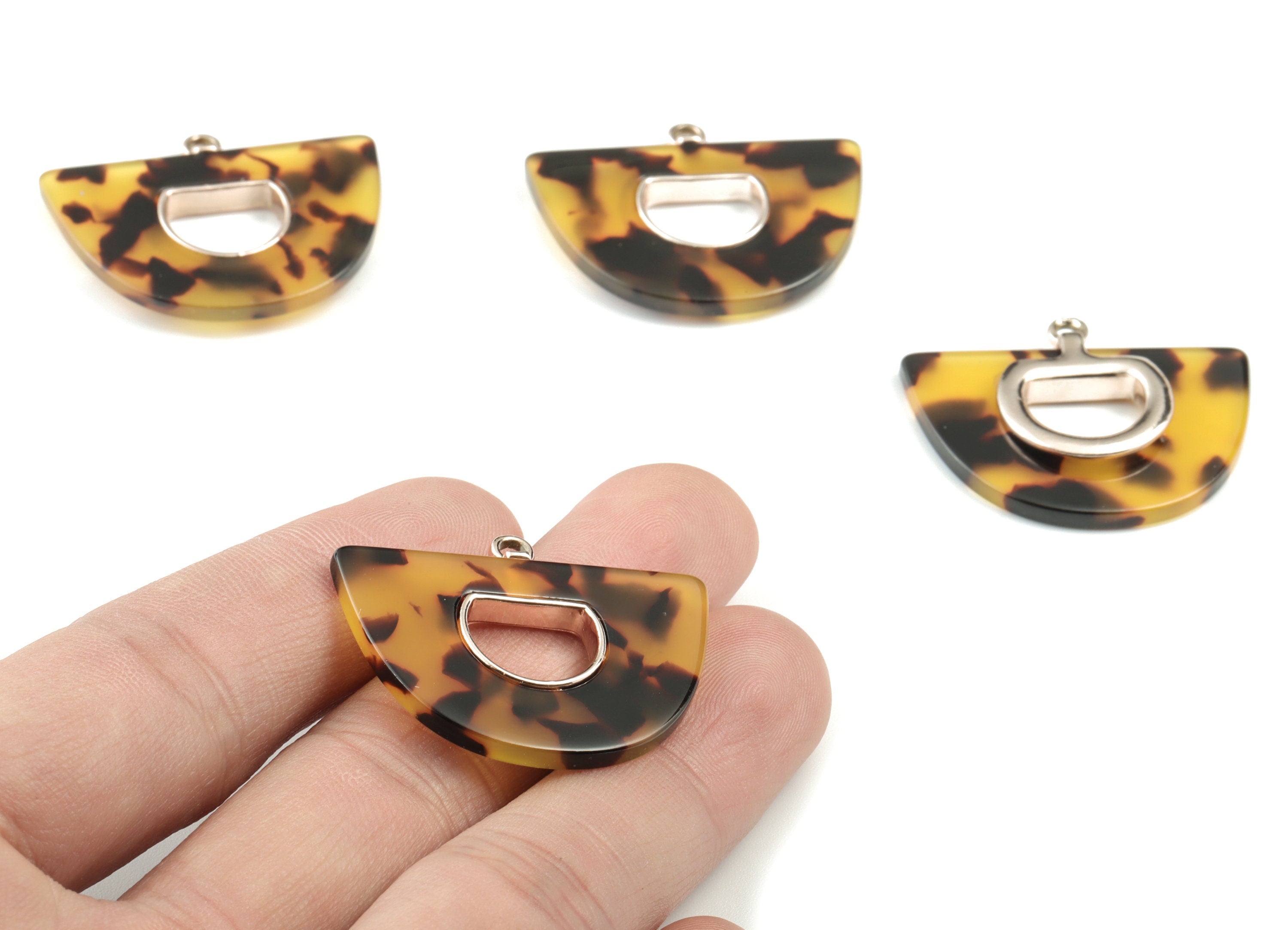 Acetate Semicircle Earring Charm - Rose Alloy Frame Tortoise Acetate Domed Charms - Half Moon Pendant - 39.88x28.57x3.99mm - AC2148-A02R - DOMEDBAZAAR