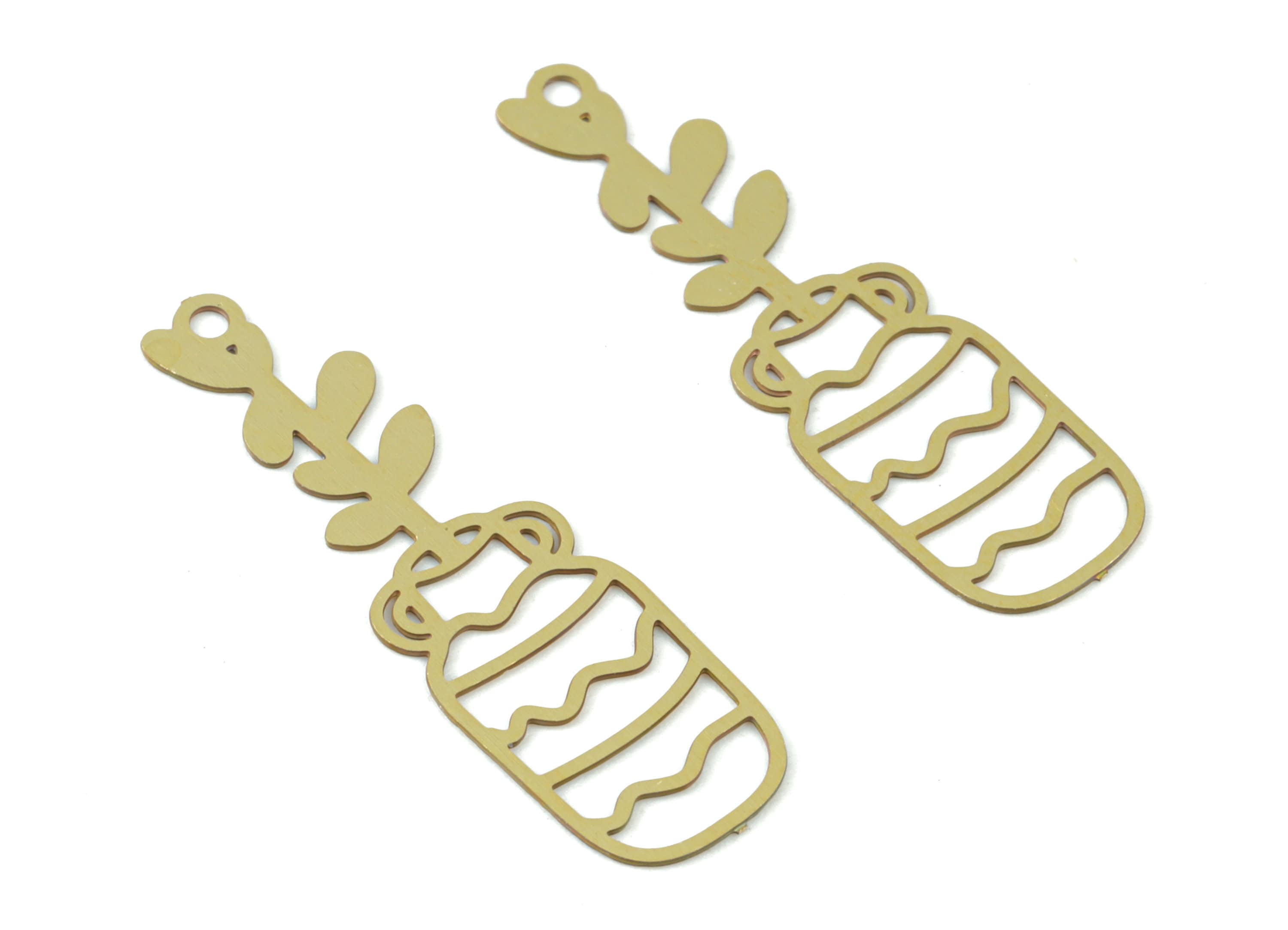 Brass Flower Pot Earring Charms - Raw Brass Pot Flower Pendant - Earring Findings - Jewelry Supplies - 26.79x7.95x0.28mm - JJC12015 - DOMEDBAZAAR