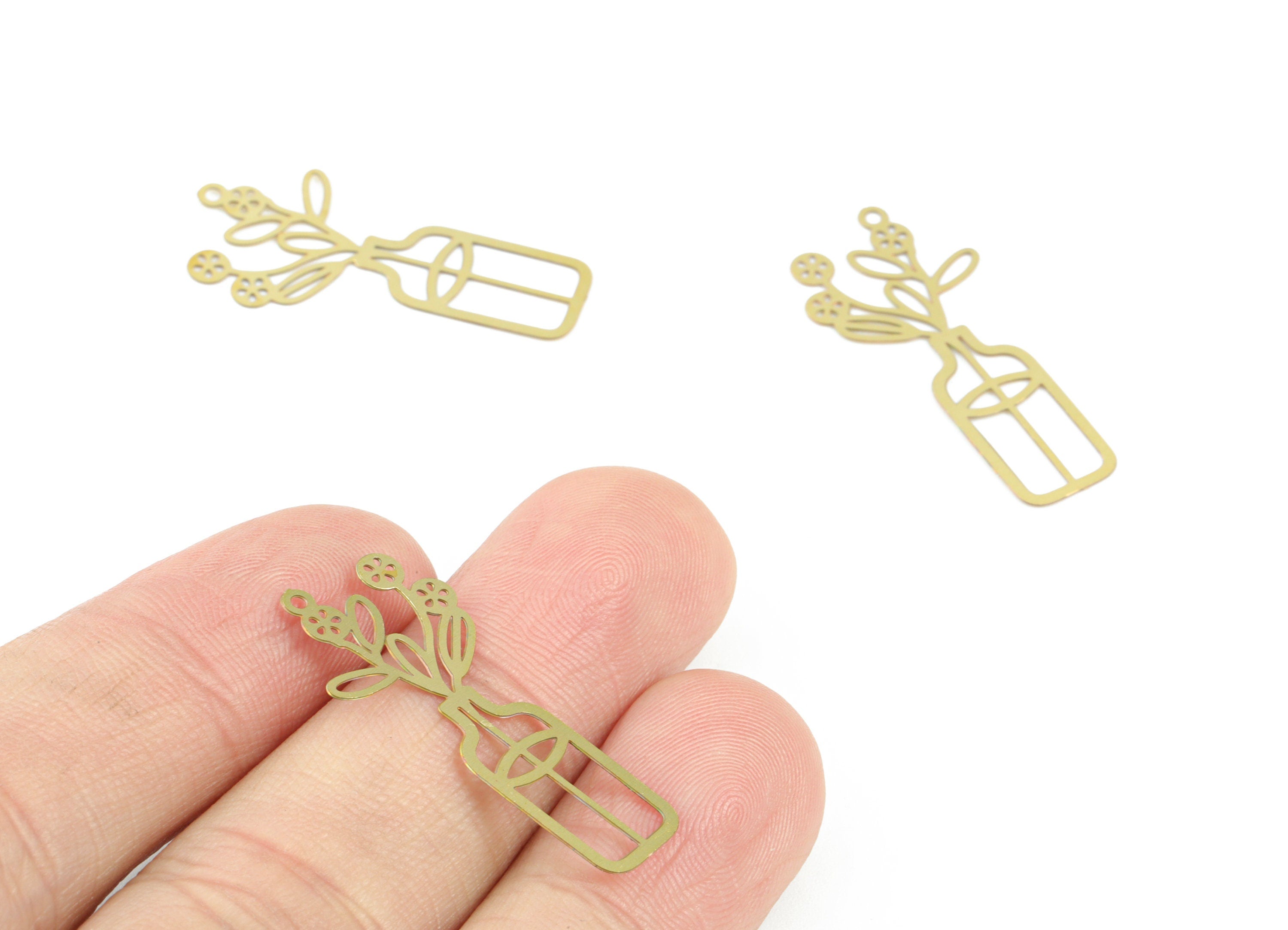 Brass Flower Pot Earring Charms - Raw Brass Pot Flower Pendant - Earring Findings - Jewelry Supplies - 31.08x14.45x0.29mm - JJC11979 - DOMEDBAZAAR
