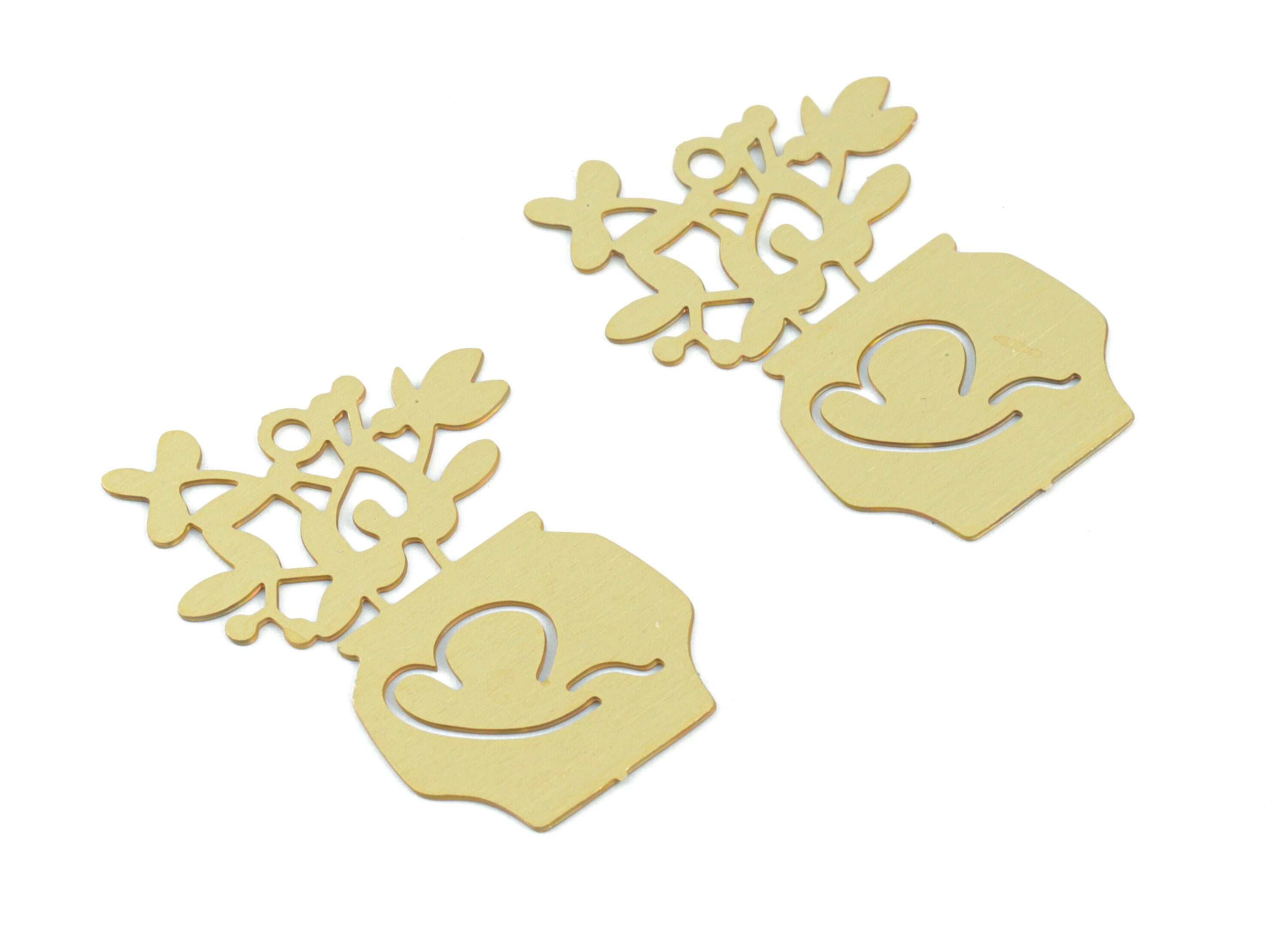 Brass Flower Pot Earring Charms - Raw Brass Pot Flower Pendant - Earring Findings - Jewelry Supplies - 20.73x15.12x0.29mm - JJC12009 - DOMEDBAZAAR