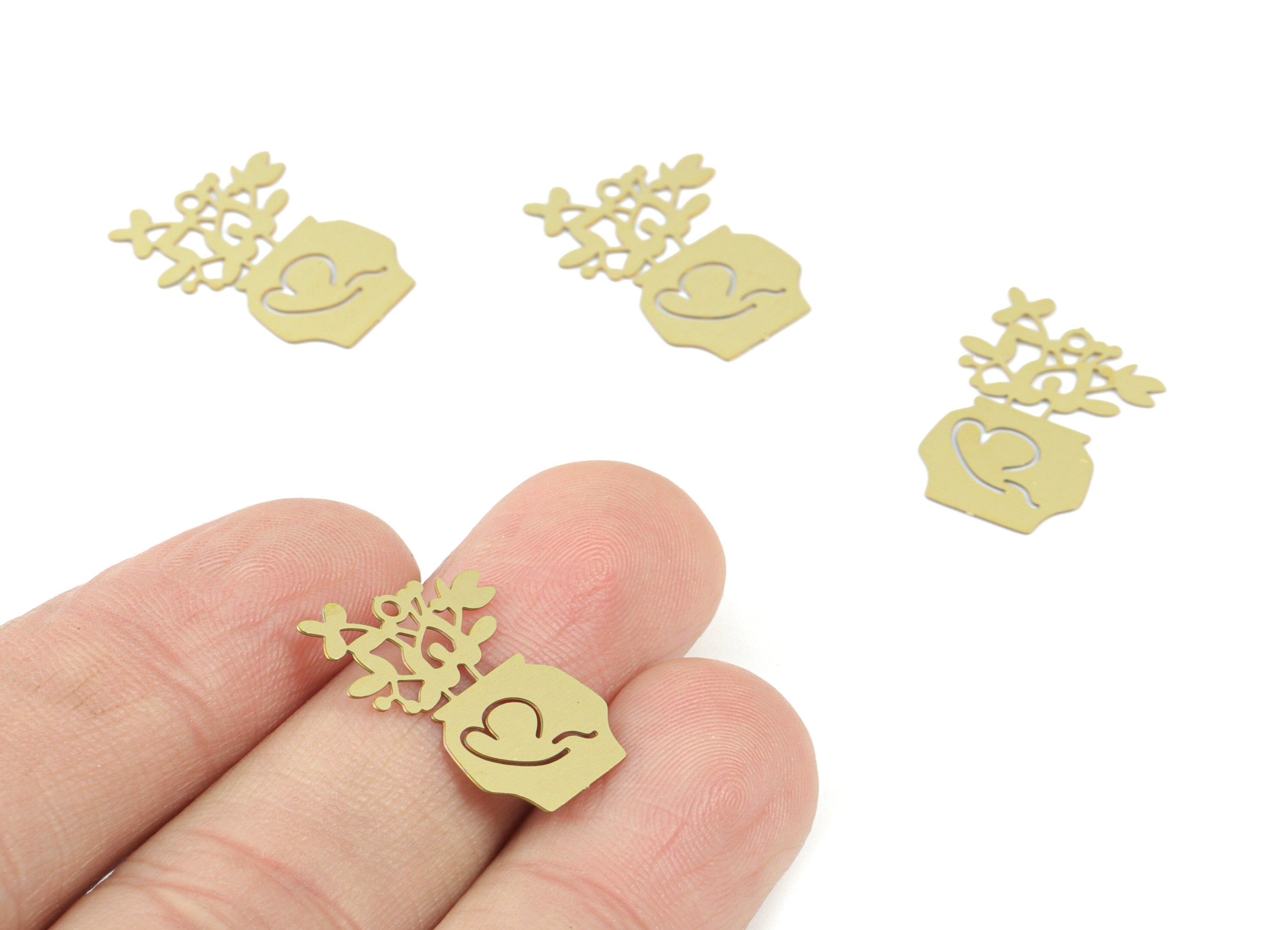 Brass Flower Pot Earring Charms - Raw Brass Pot Flower Pendant - Earring Findings - Jewelry Supplies - 20.73x15.12x0.29mm - JJC12009 - DOMEDBAZAAR