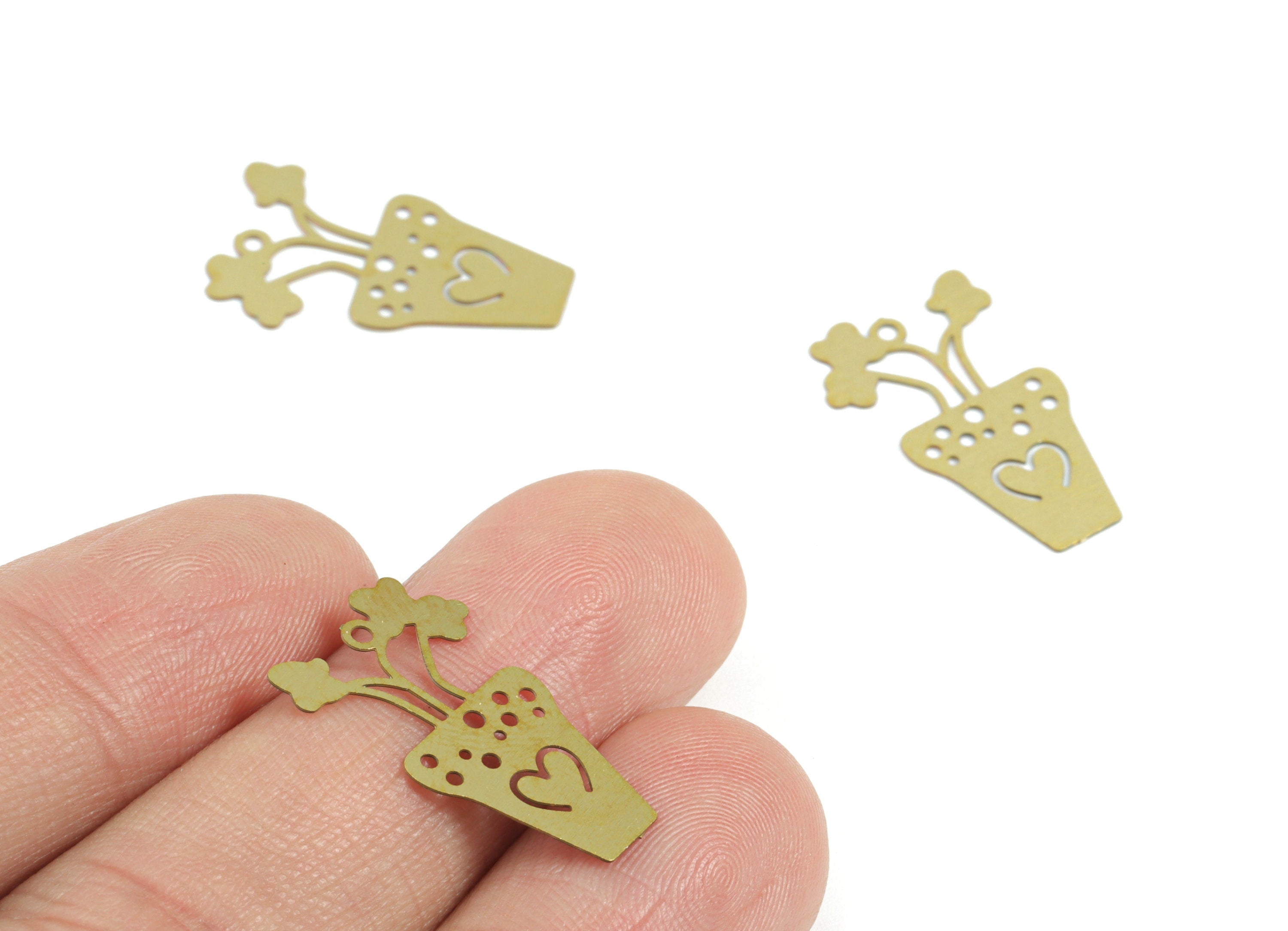 Brass Flower Pot Earring Charms - Raw Brass Pot Flower Pendant - Earring Findings - Jewelry Supplies - 22.27x13.51x0.29mm - JJC12016 - DOMEDBAZAAR