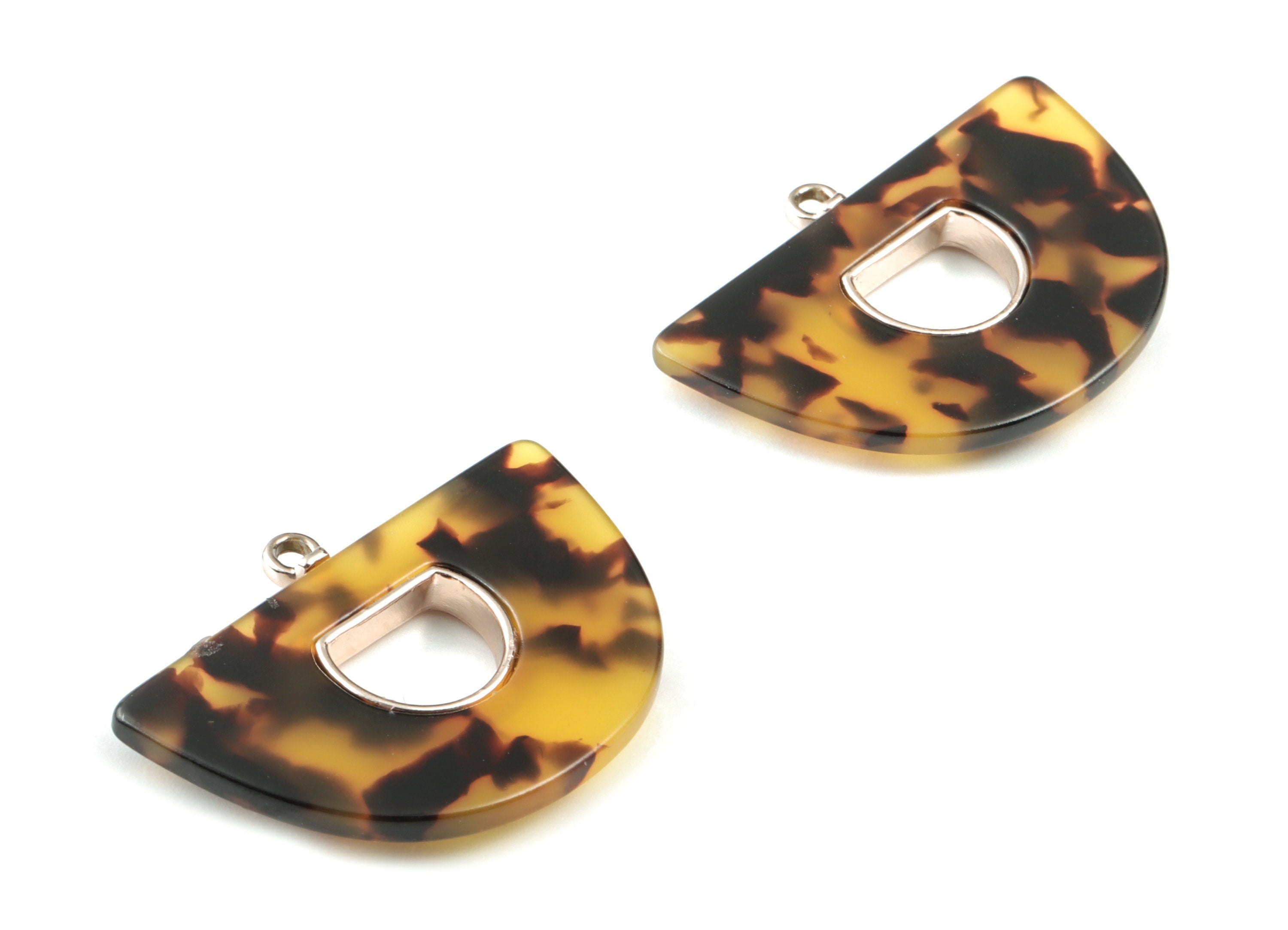 Acetate Semicircle Earring Charm - Rose Alloy Frame Tortoise Shell Charms - Tortoise Shell Half Moon Pendant - 35x28x4mm - AC1842-A02R - DOMEDBAZAAR