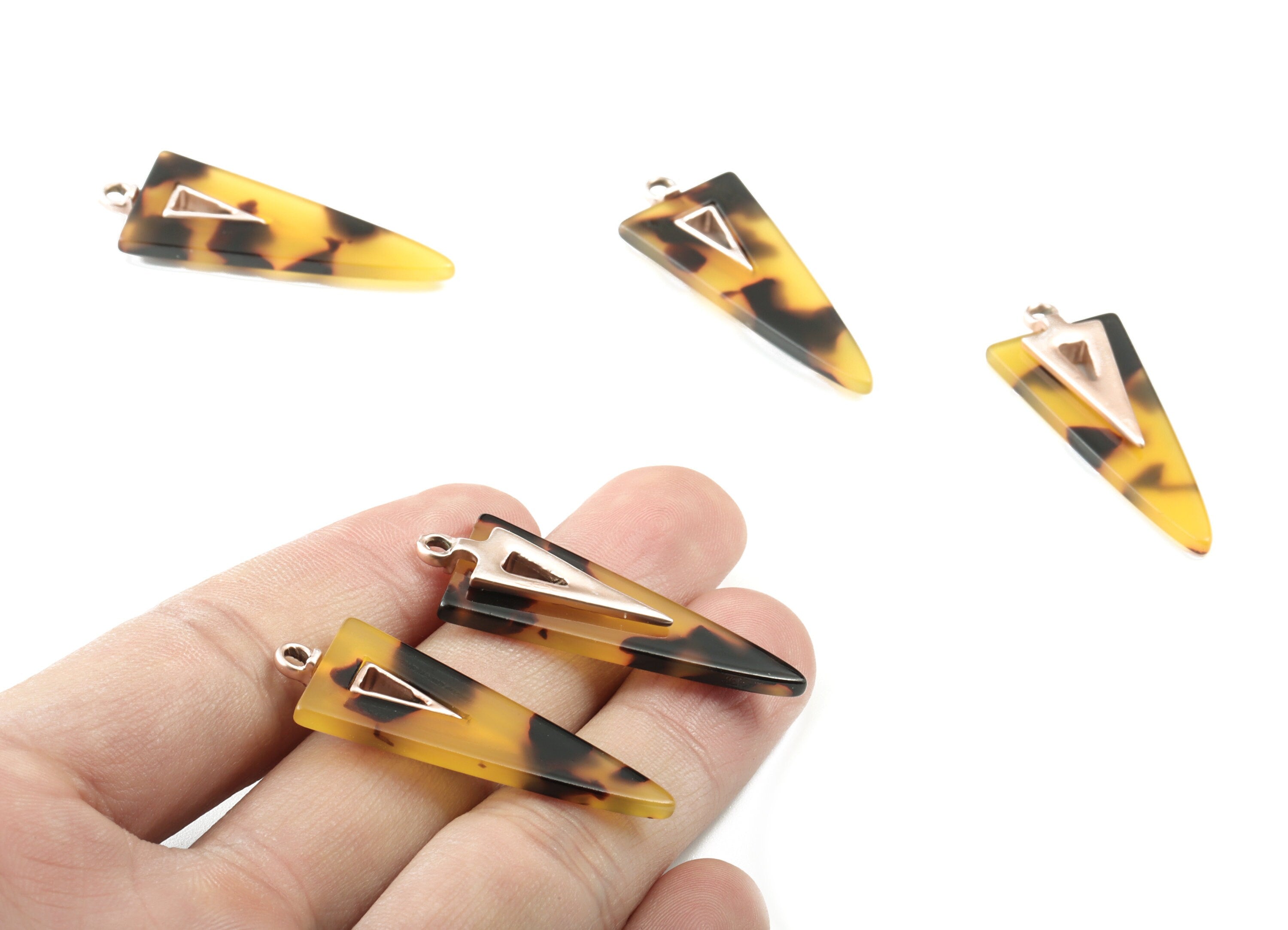 Acetate Alloy Triangle Earring Charm - Matte Rose Alloy Frame Acetate Charms - Tortoise Shell Triangle Pendant - 41.67x16x4mm - AC1845-A02MR - DOMEDBAZAAR
