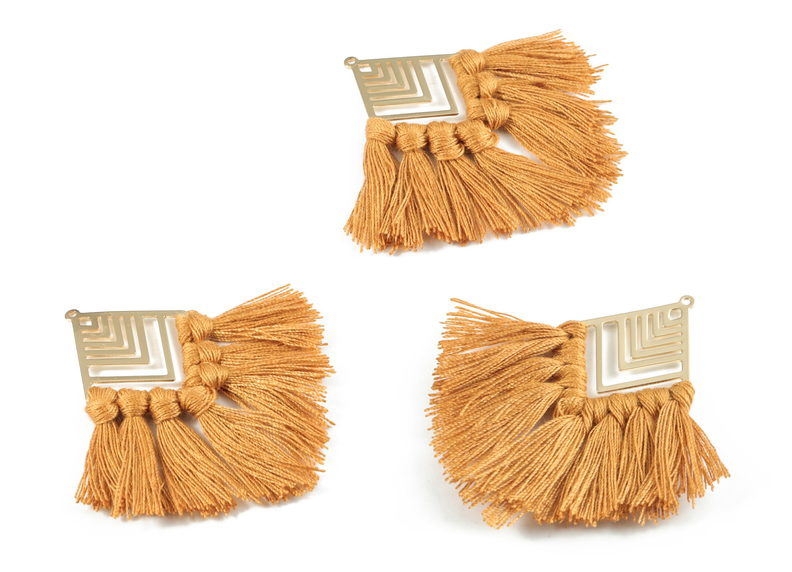 Kite Tassel Earring Charms - KC Gold Tone Plated Rhombus Brass Cotton Brown Tassels - Fringe Tassel - 74.27x29.7x2.79mm - TSM1931D - DOMEDBAZAAR