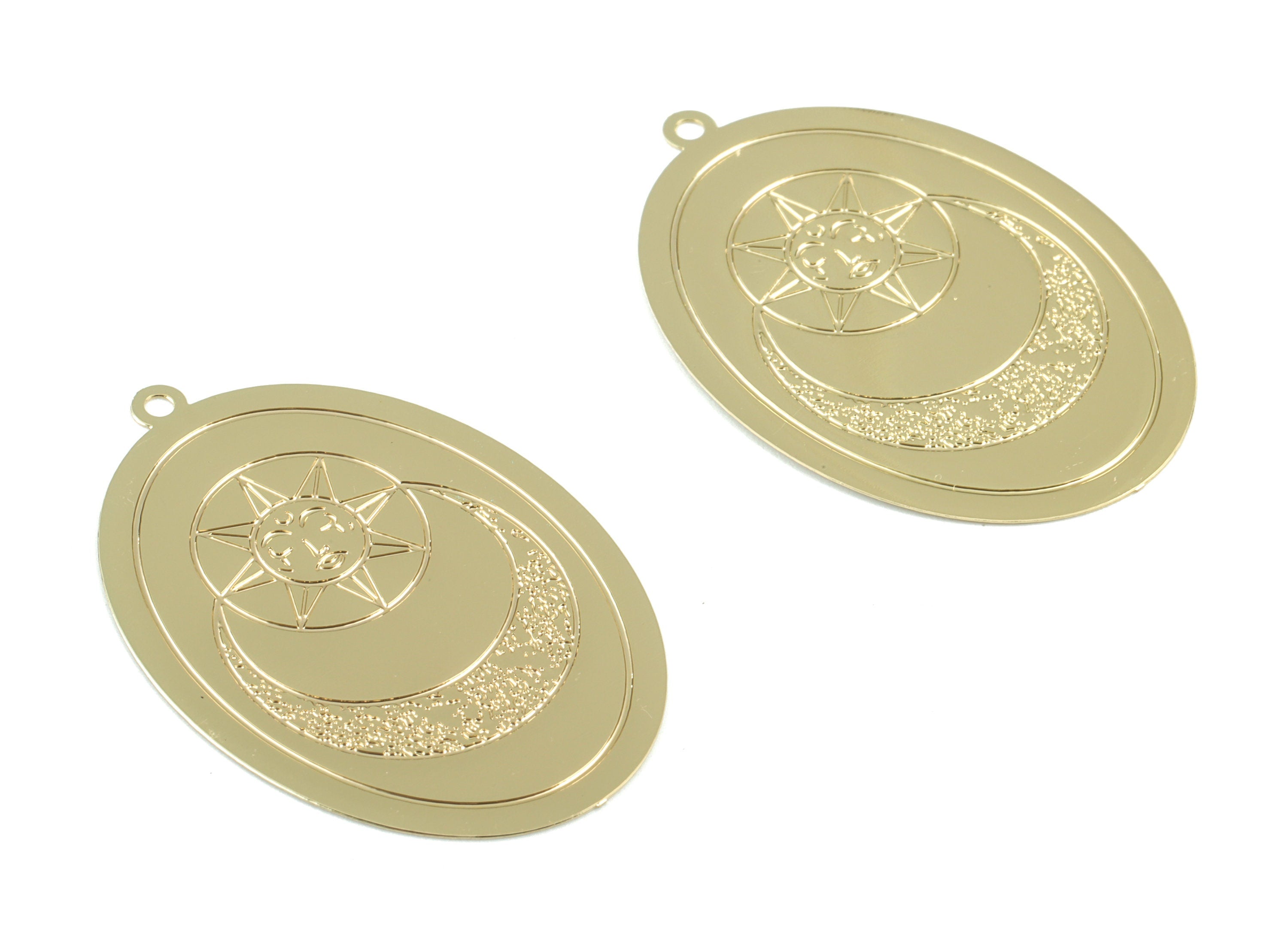 Gold Moon Star Circle Pendant - KC Gold Tone Plated Brass Crescent Star Face Earring Charms - Jewelry Supplies - 38.2x26x0.33mm - JJB6518KCG - DOMEDBAZAAR