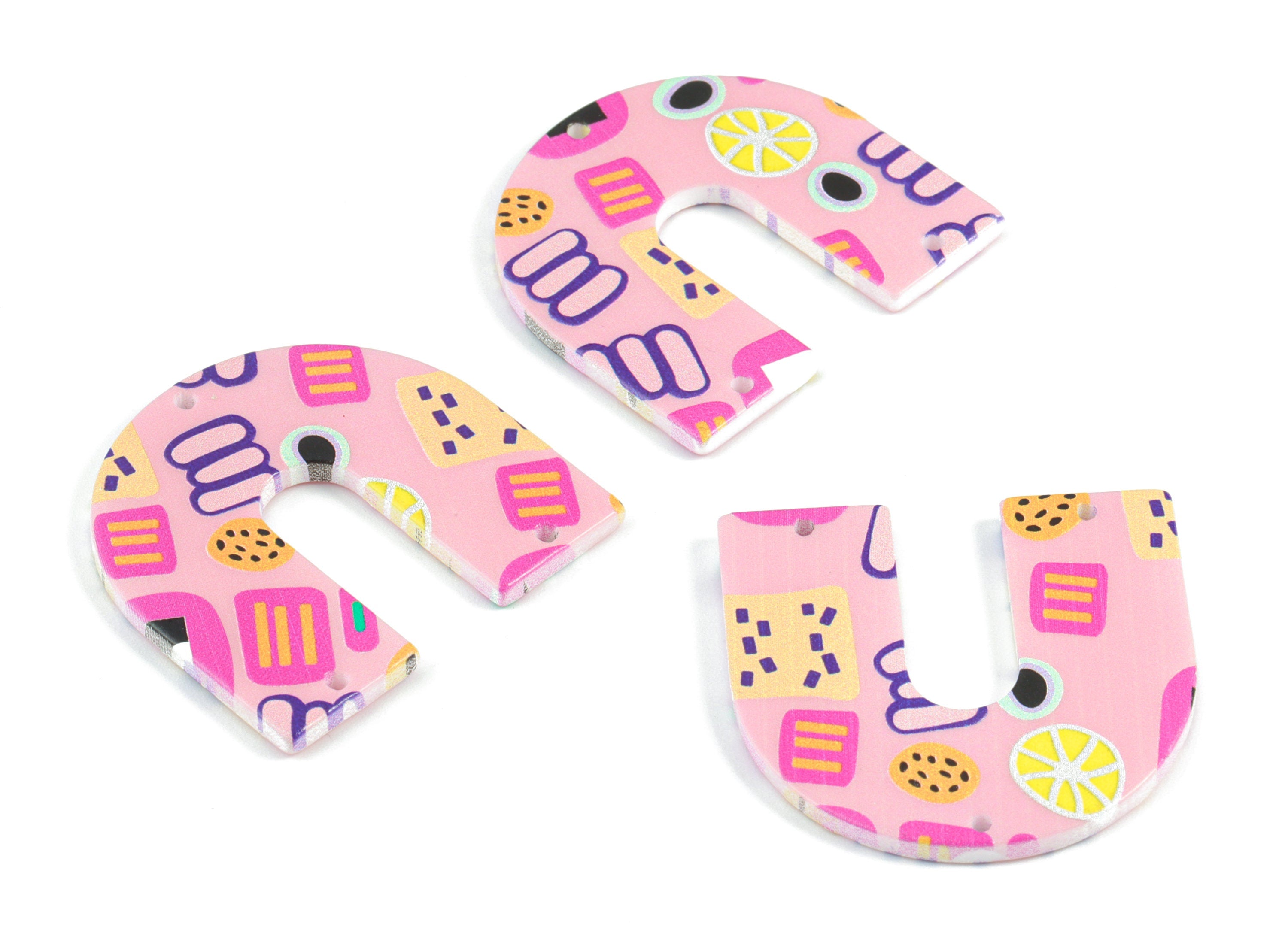 Acrylic U Pink Earring Connector - 3 Holes - Acrylic U Pink Earring Charms and Pendant - Jewelry Supplies - 33.78x35.04x2.43mm - AC2093A - DOMEDBAZAAR