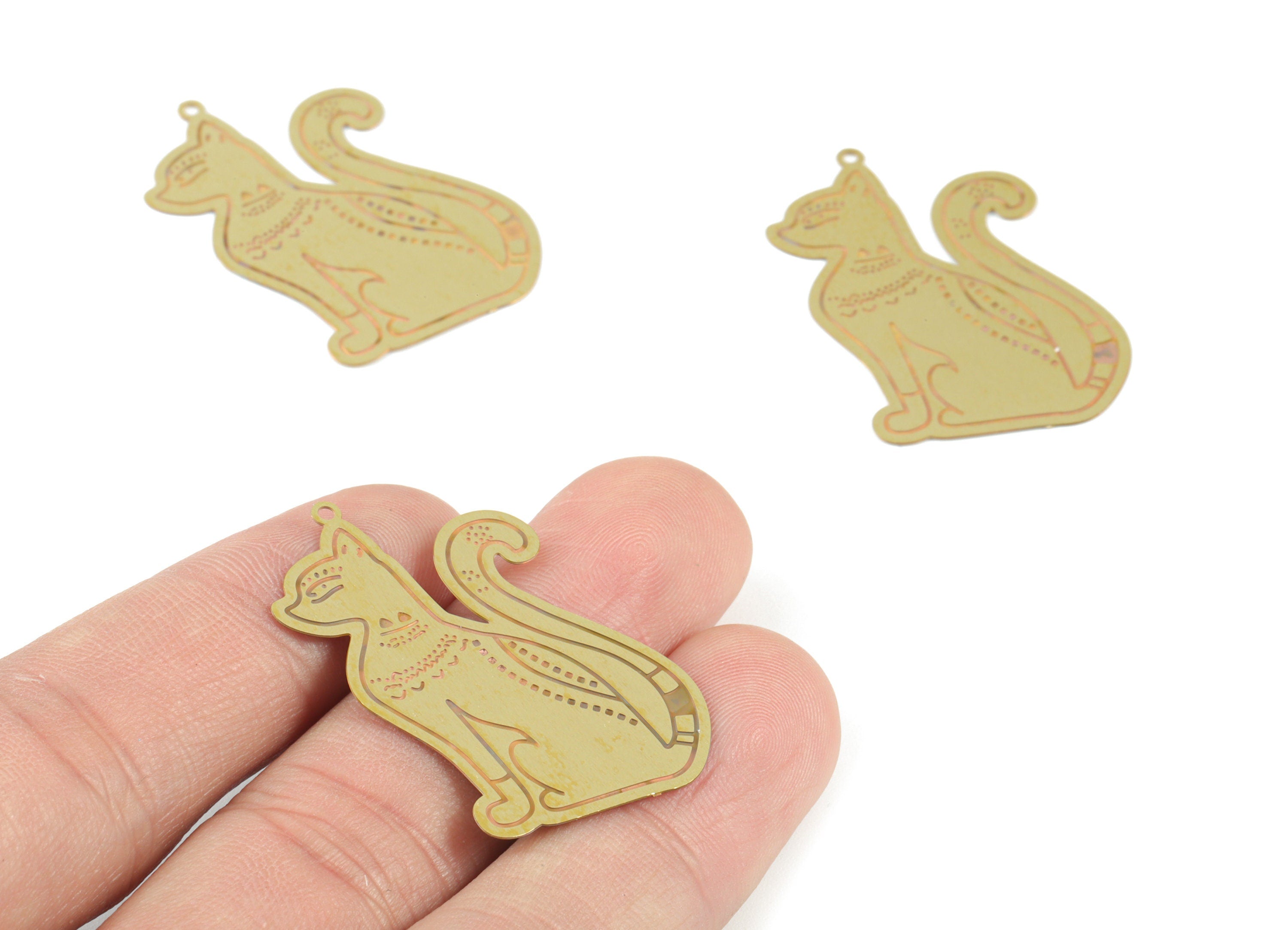Egypt Cat Pendant - Raw Brass Cat Earring Charms - Earring Findings - Jewelry Supplies - 37.65x23.88x0.28mm - JJB6489 - DOMEDBAZAAR